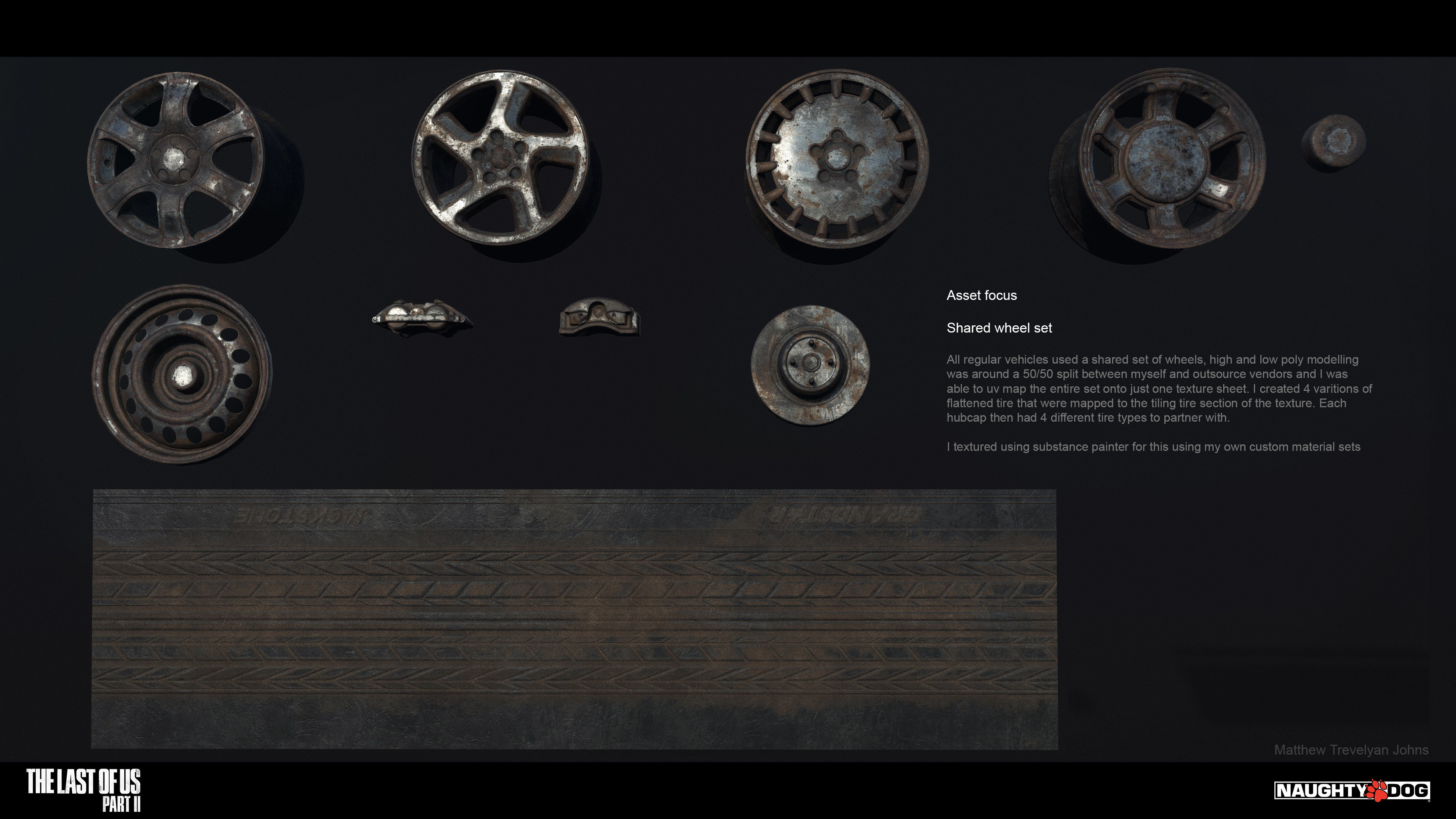 Here's a breakdown of how I built a shared set of wheels that were used by the majority of vehicles. Baking a 'tire-trim' was a really great way to create tires in this case, rather than baking from a more traditional high poly tire asset