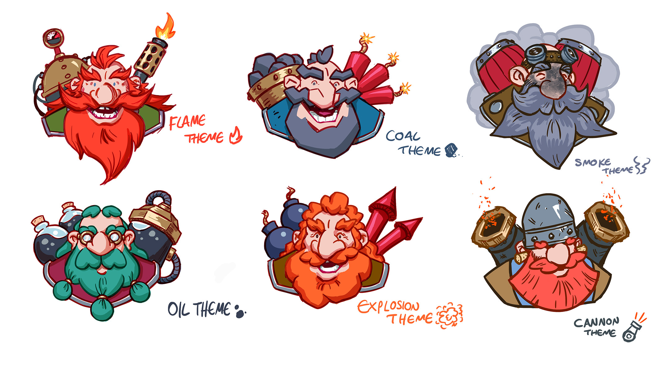 Some early designs for the dwarves, trying to give each a different theme.