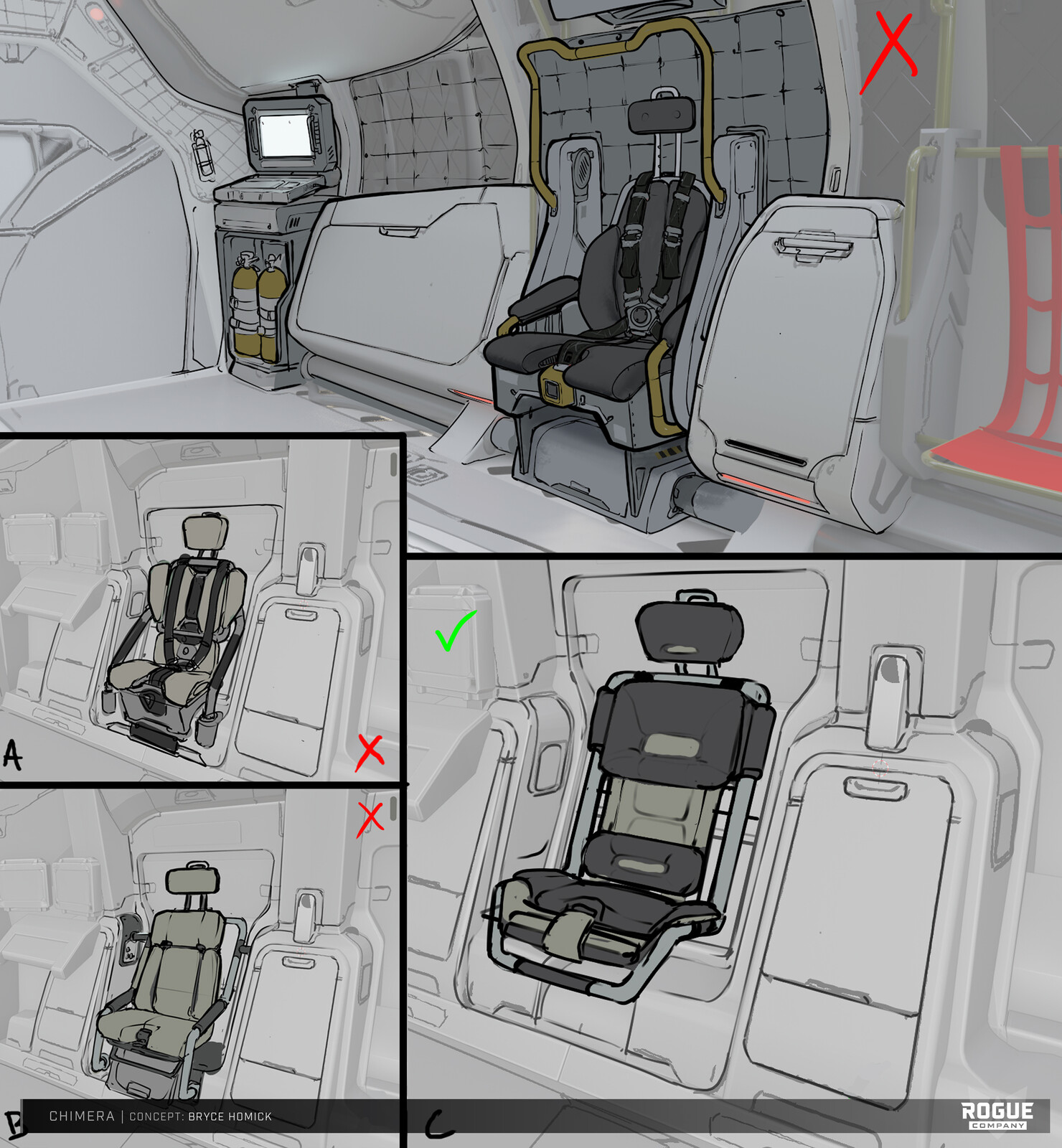 As the primary function of the Chimera was delivery of Rogue Company assets, the chairs were thus the 'hero' of the interior. Several variations honoring differing themes were played around with what I began to call 'military chic' 