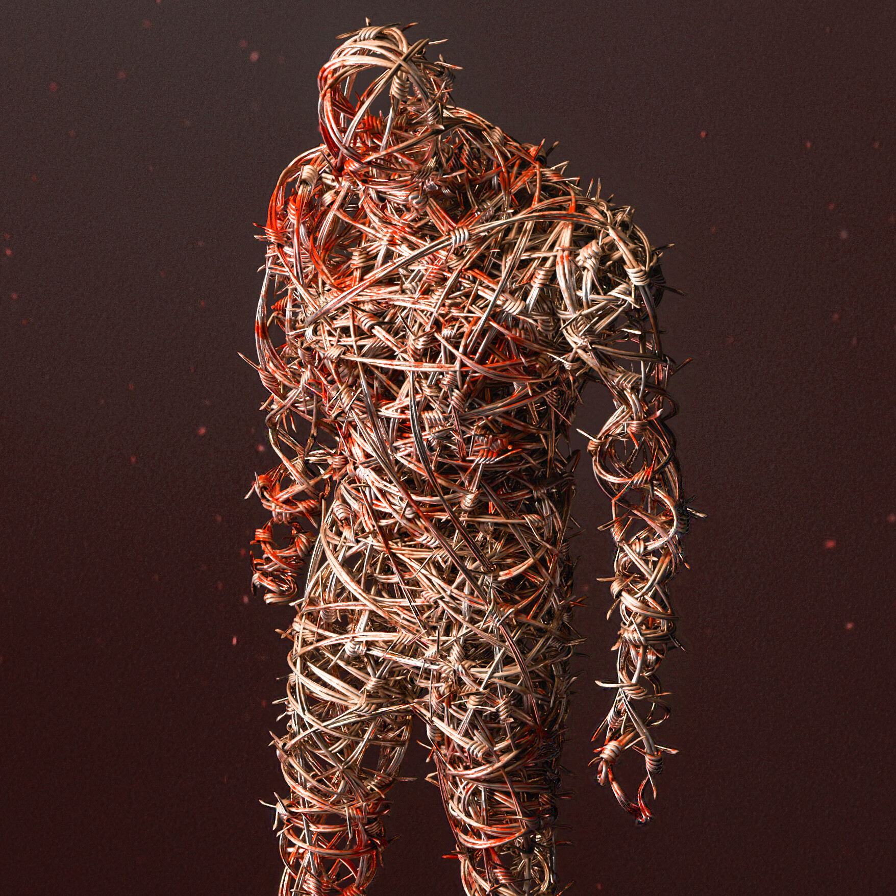 Artistic depiction of a man wrapped in black cloth and barbed wire