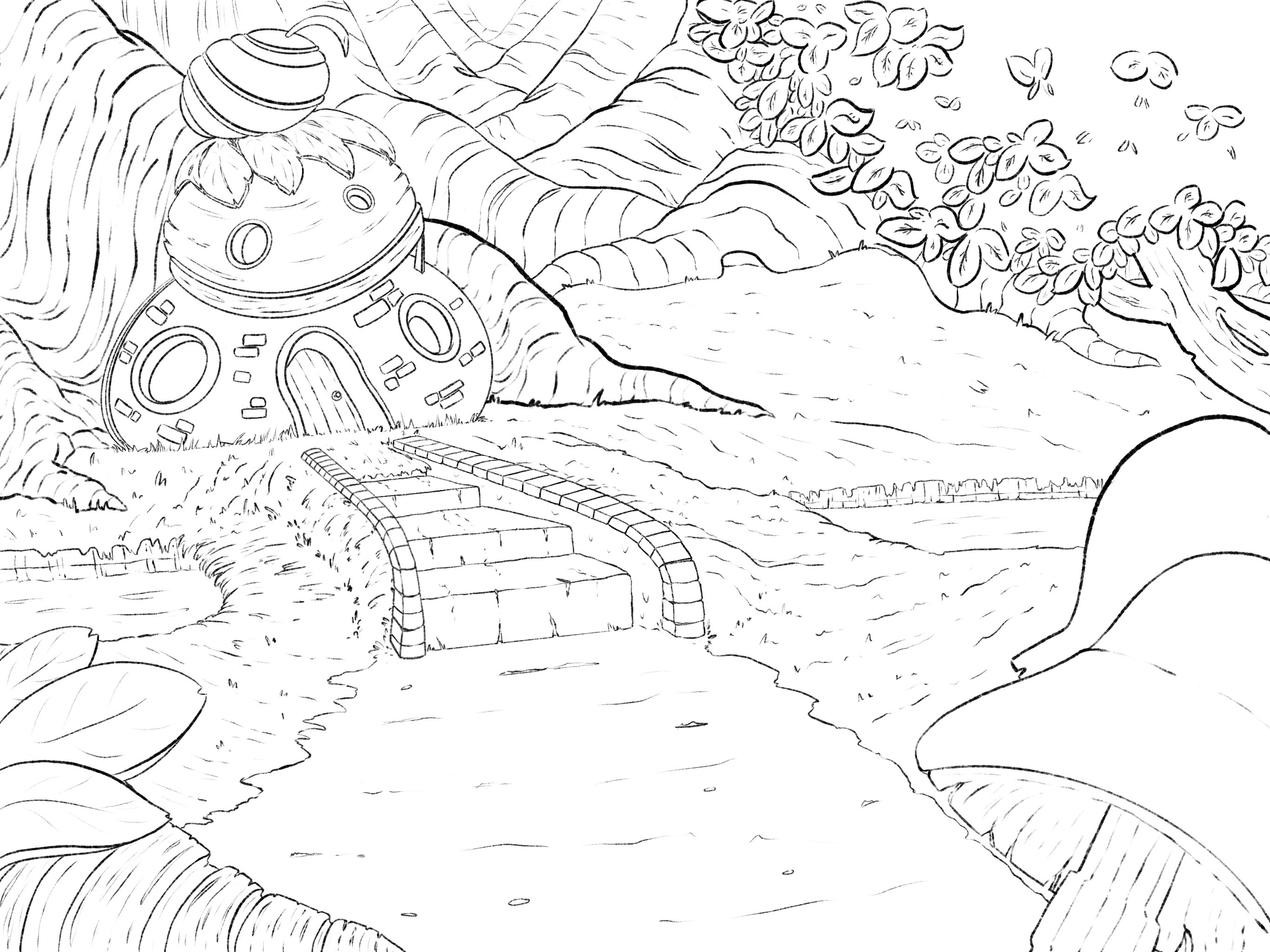 BG line art, another quaint forest cottage