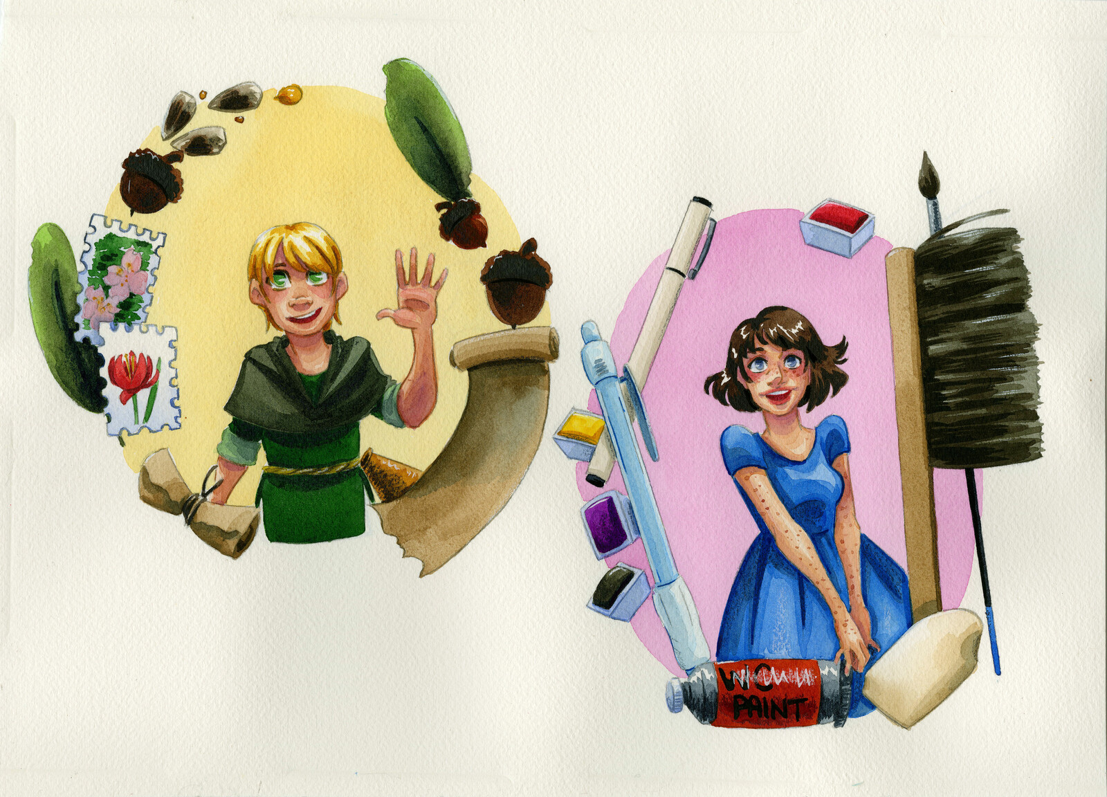 Final cast of characters watercolor illustrations.