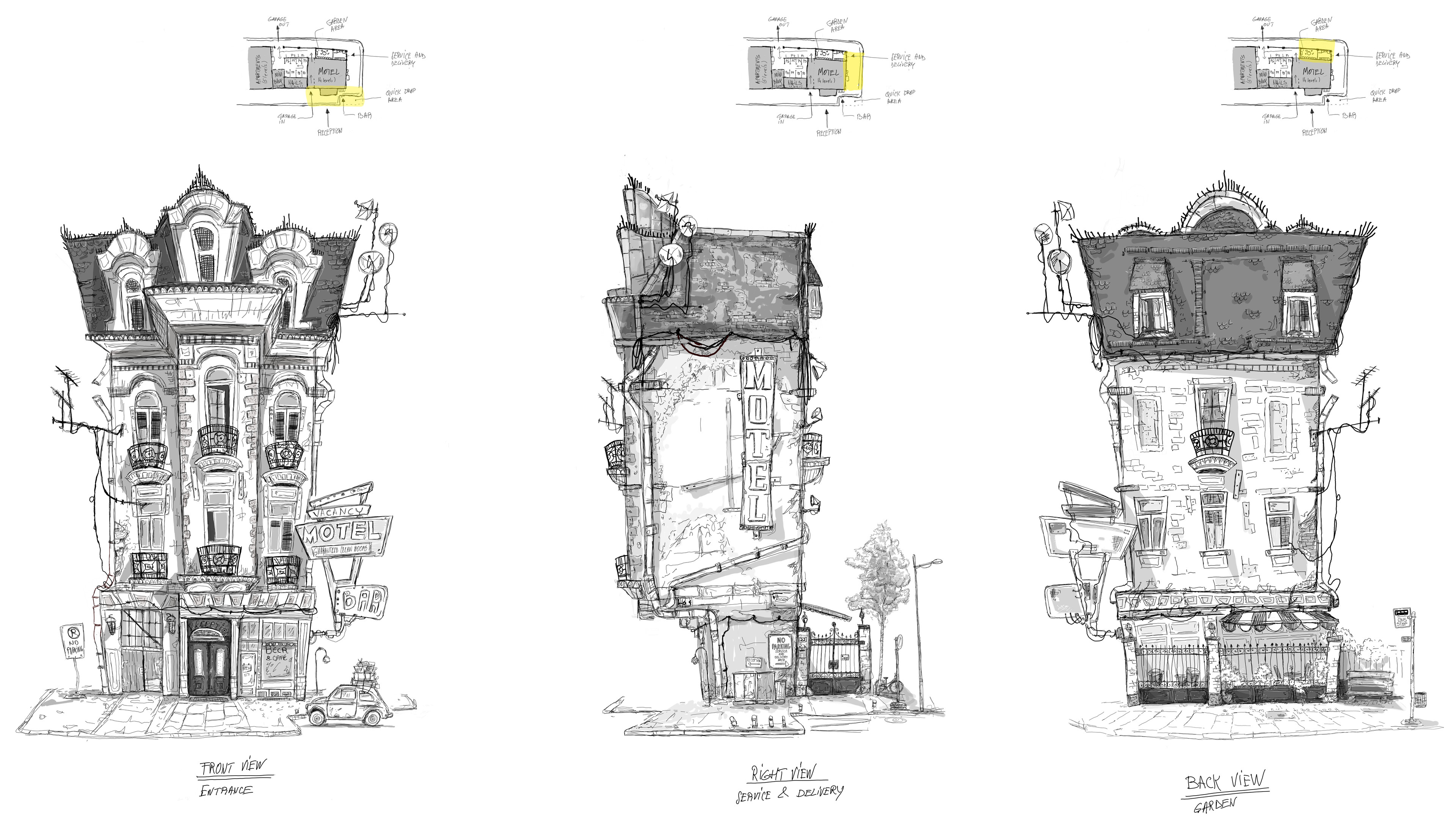 Concept Sketch of the Motel, Front - Right - Back orthographic views