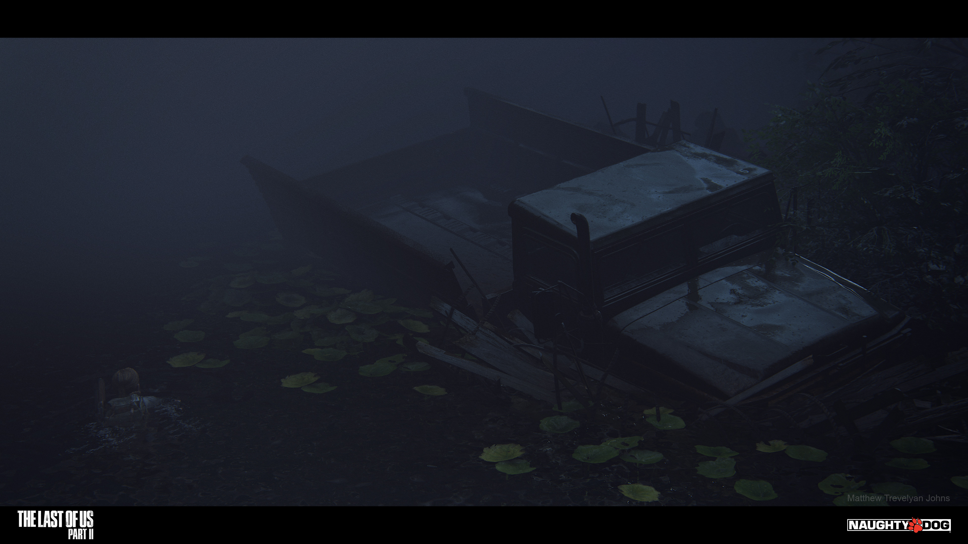 As well as the water-line shader effects, additional set dressing like these lily pads and debris assets I placed in one of my levels would also help sell the look of a vehicle long since abandoned in deep water
