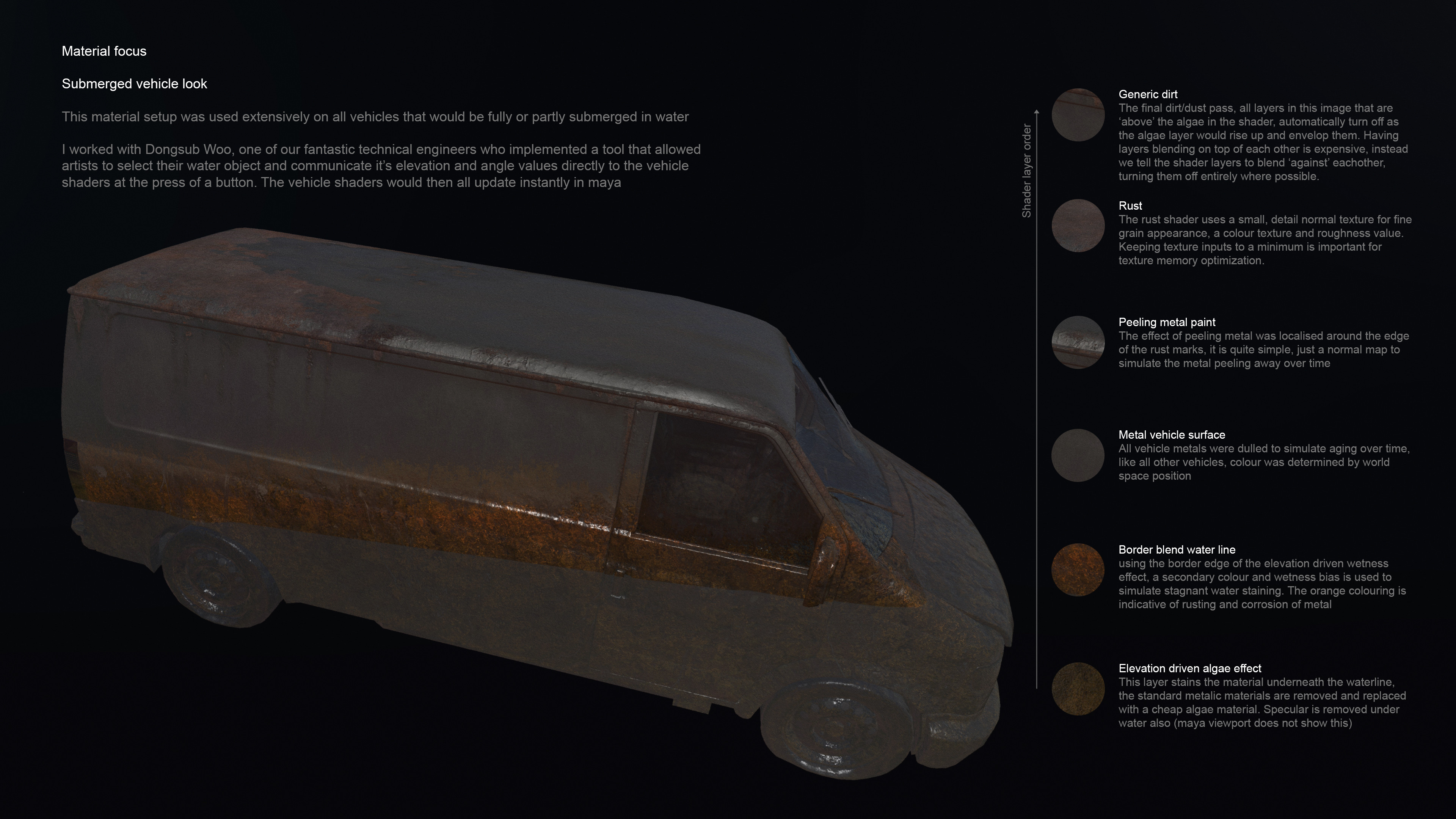 A breakdown of the shader layers used to achieve this particular look, the next video shows the tool we used to drive these shaders in action