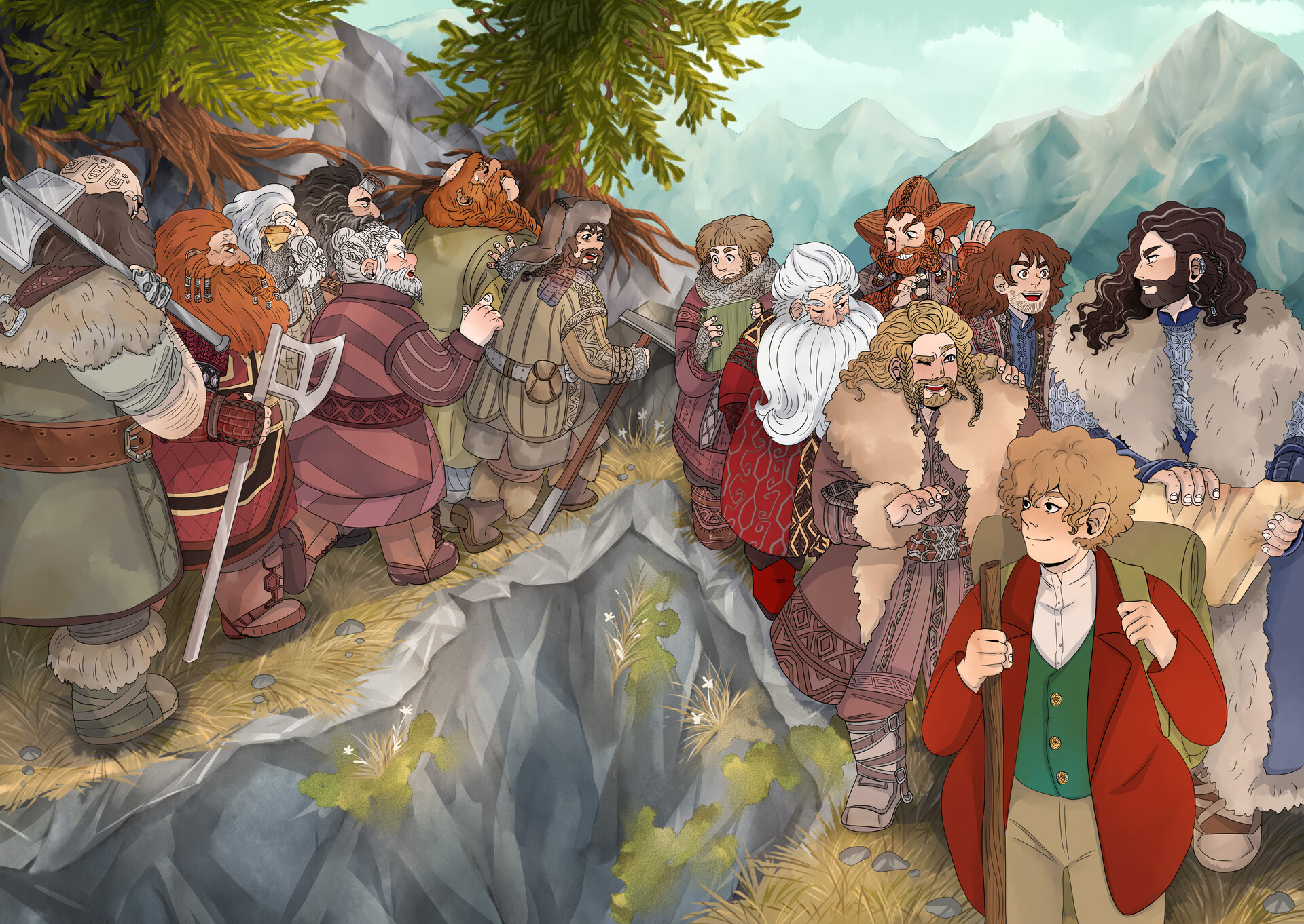 ArtStation - Bilbo and dwarfs- Hobbit illustration