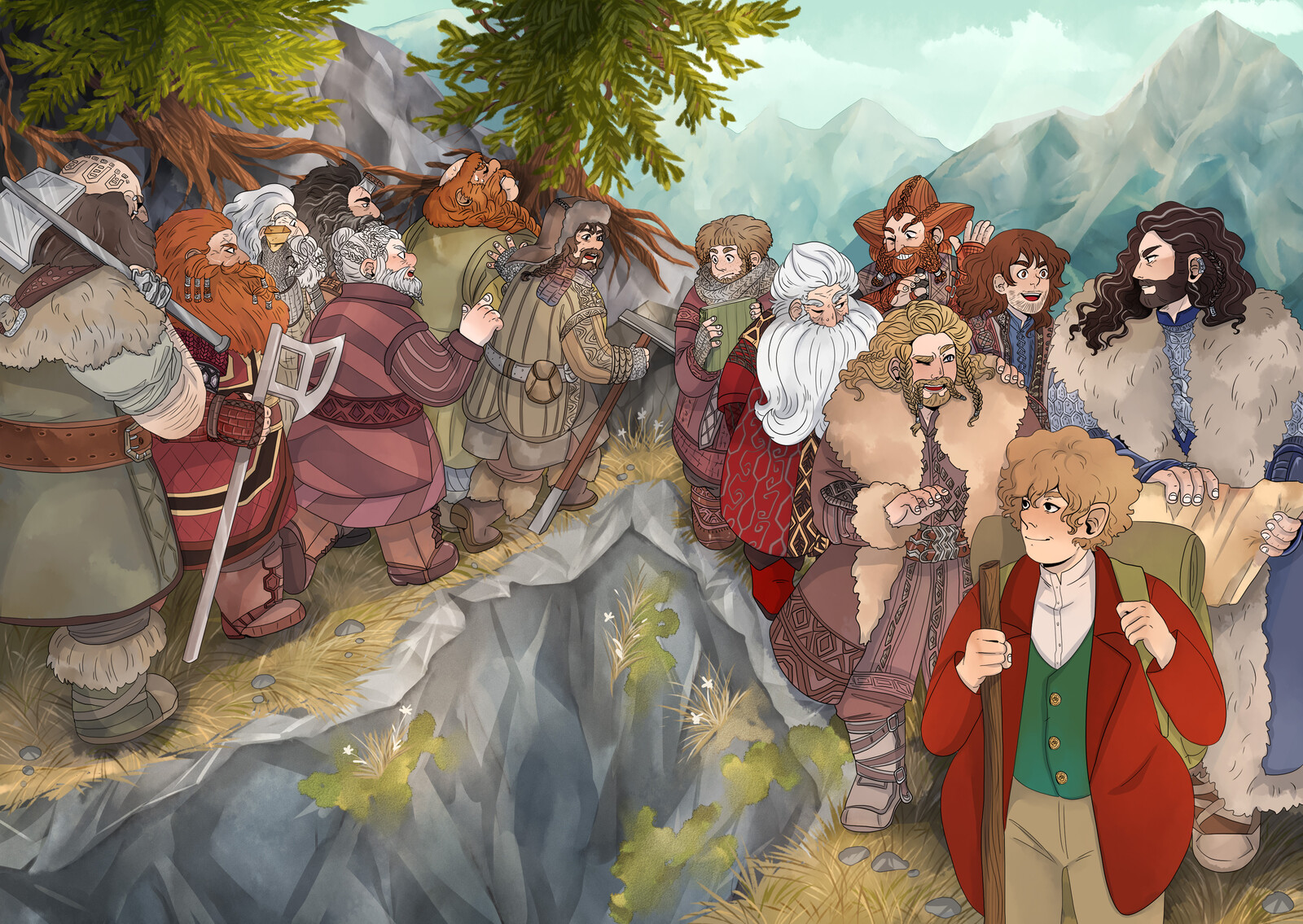 Bilbo and dwarfs- Hobbit illustration.