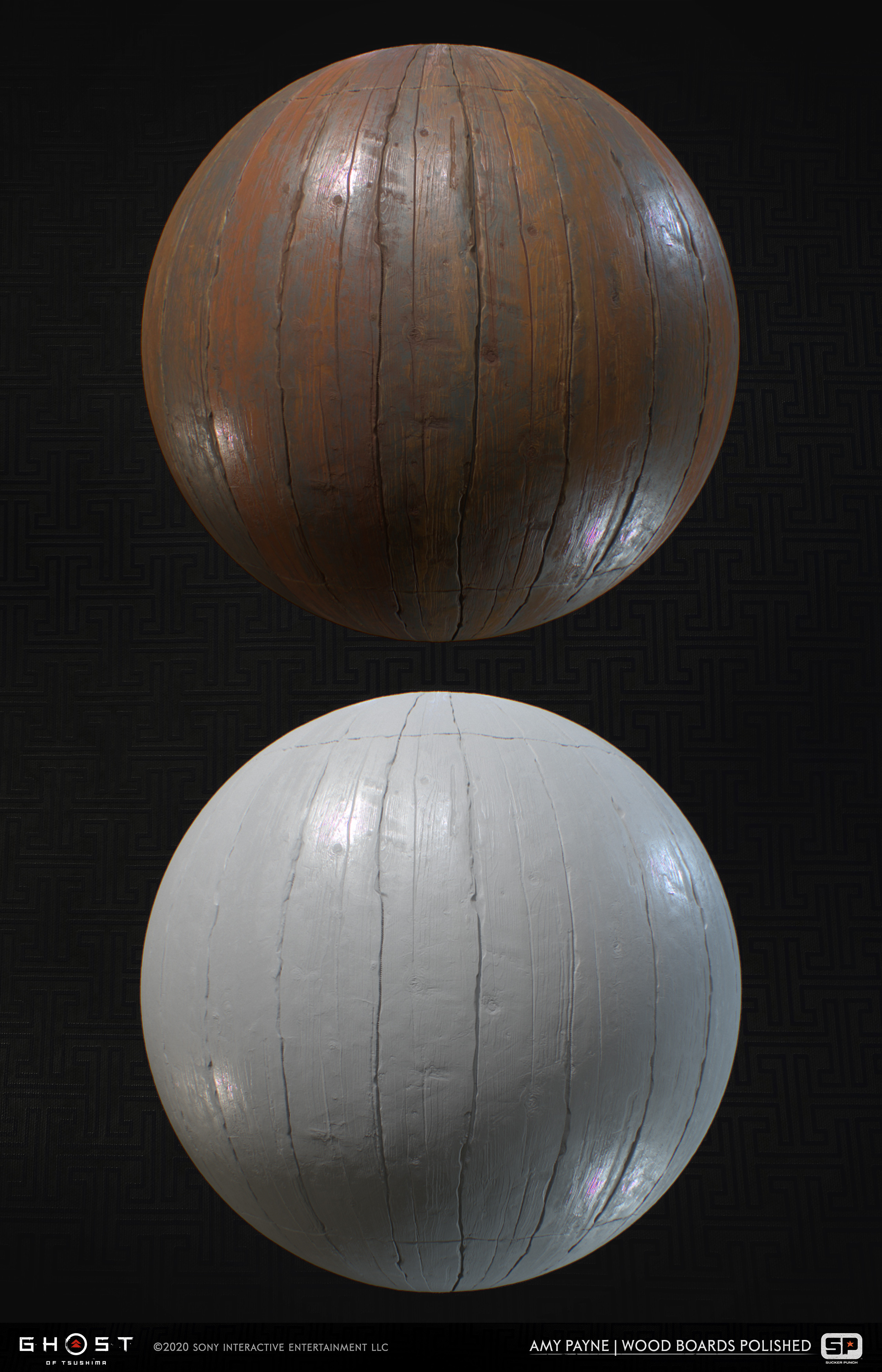 Polished wood floor used in E3 Announcement trailer, and used throughout Dojos in the game. Combination of bitmaps and procedural work. Mixed Photoshop and Substance Designer.