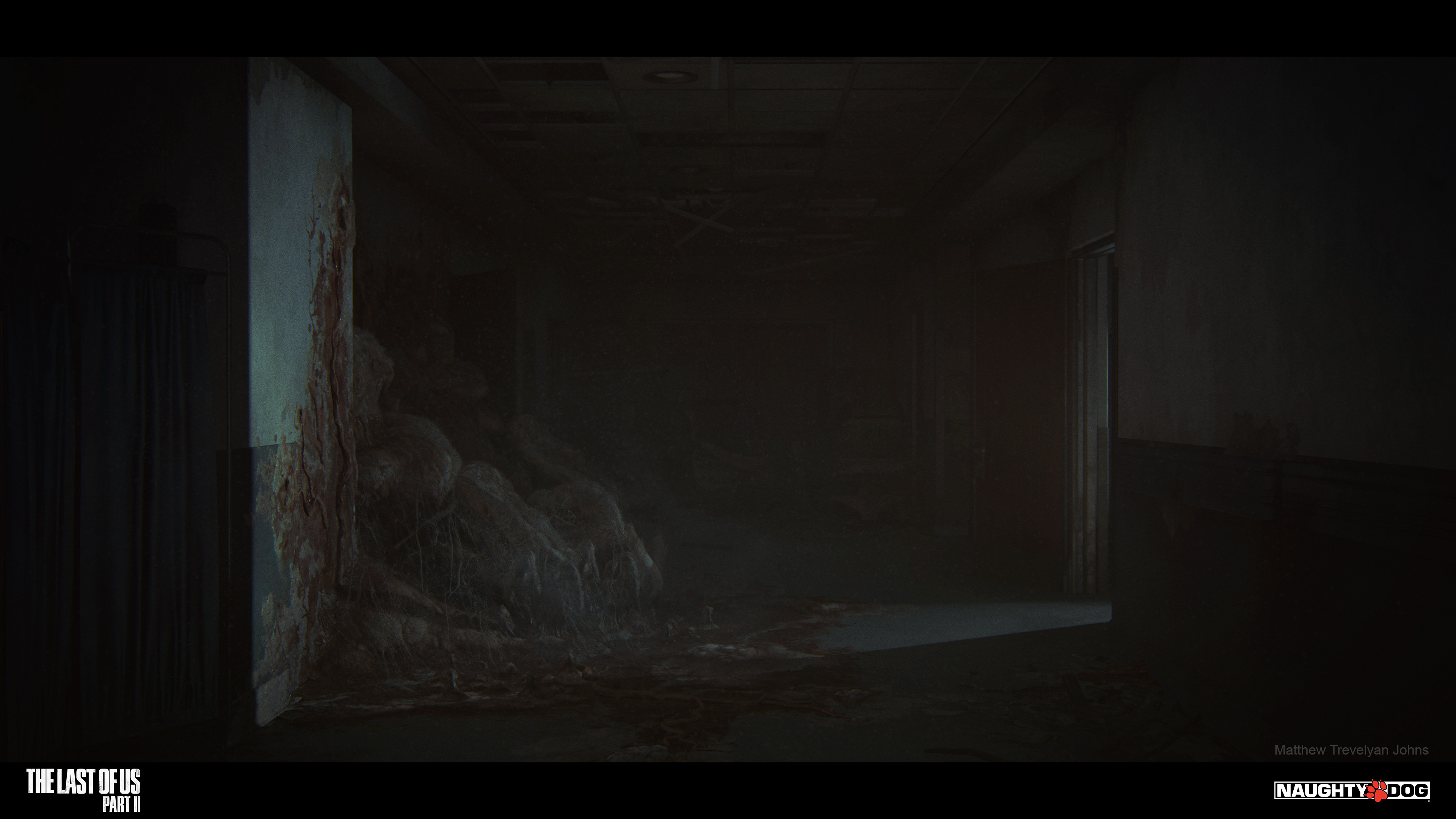 These fungus filled corridors and rooms were some of my favourites to work on, they were eerily quiet and when hit with bounce light from the flashlight, could take on a ghostly appearance...