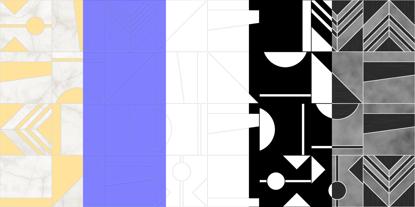 From left to right: From left to right; Base Color, Normals, AO, Metallic, Roughness