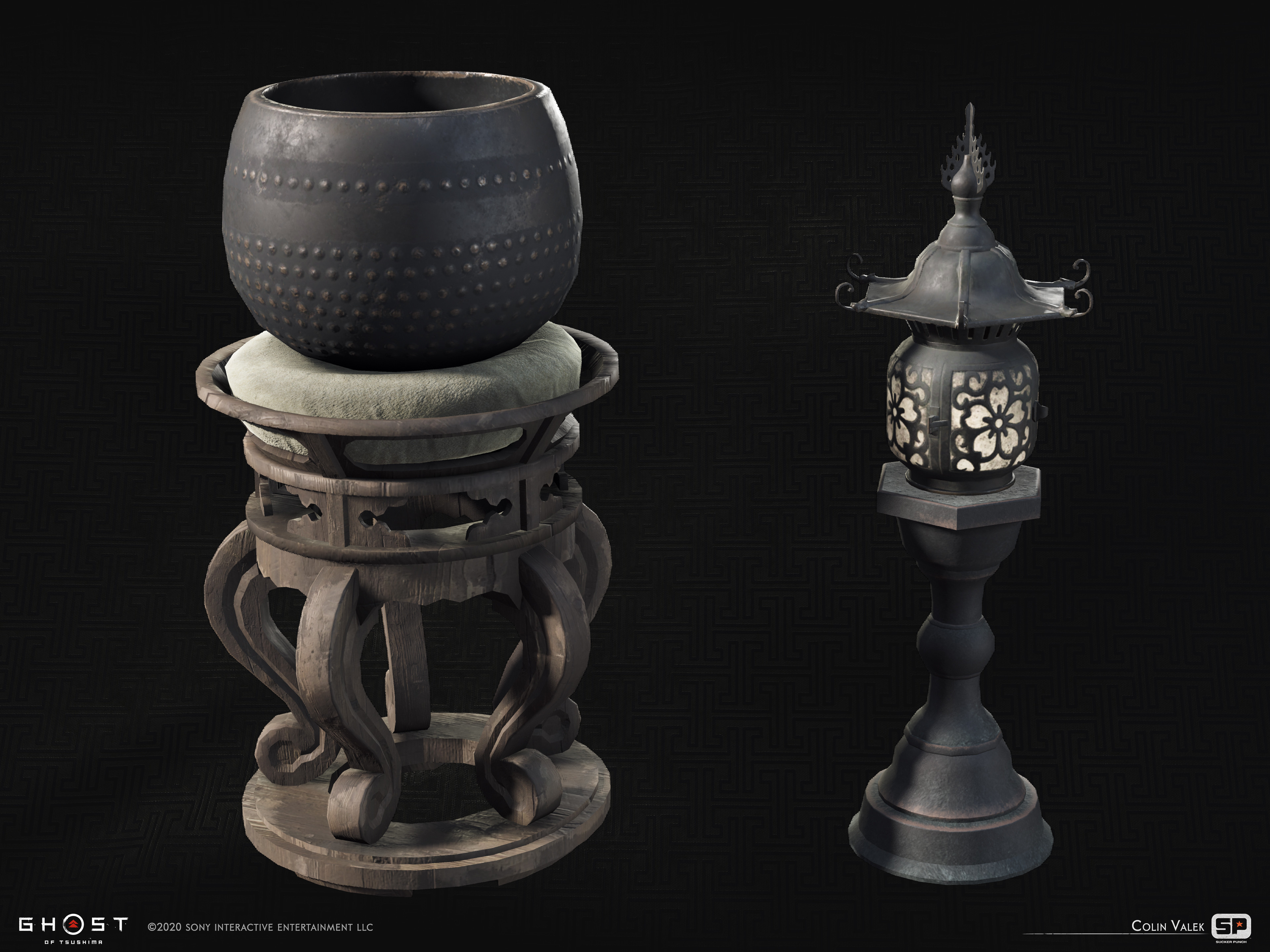 A Kinsu bell and lantern, both used in temples. 