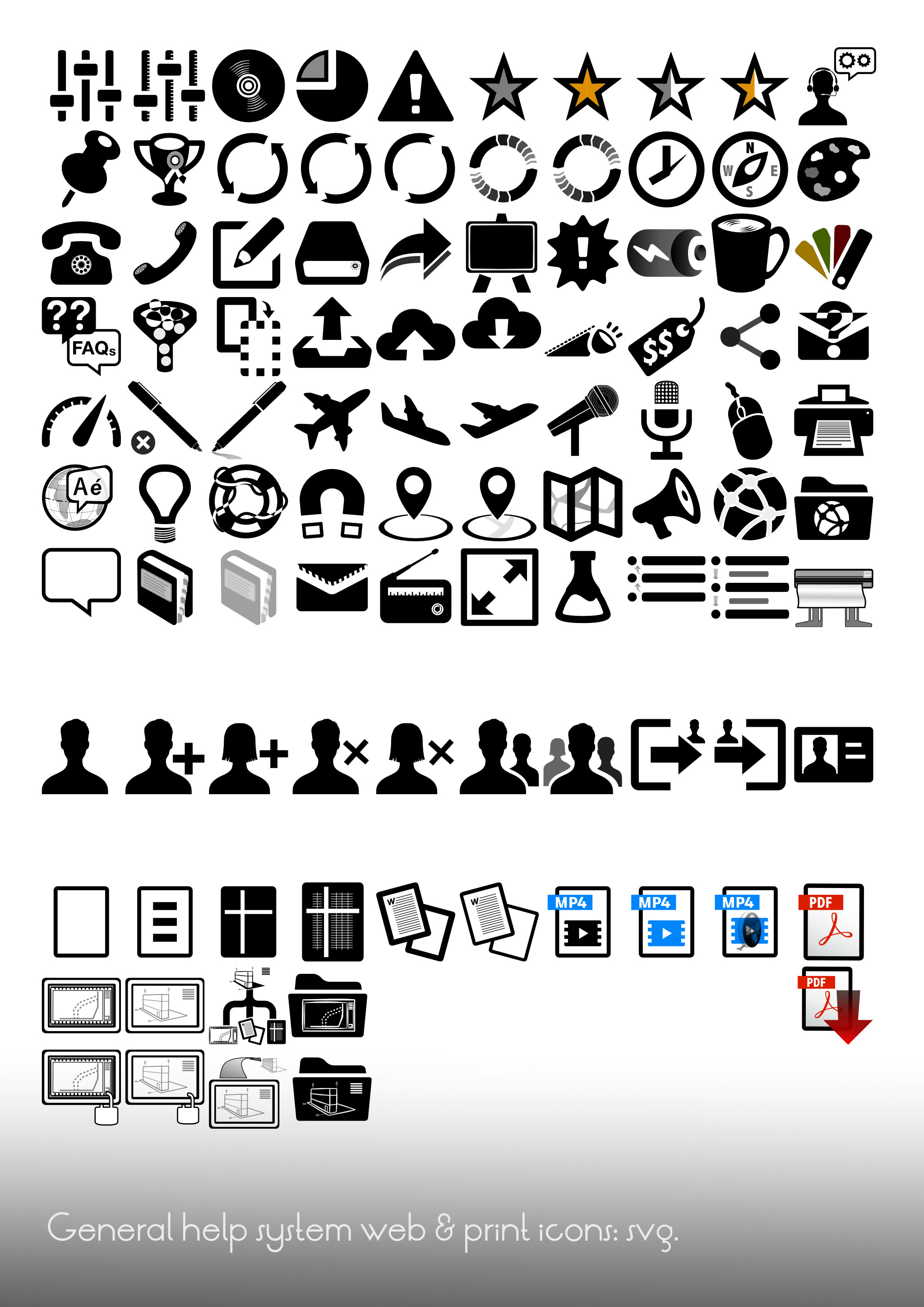 General-use icons developed for a client's extensive help system, starting with the open-source Entypo+ system as base; there are design variations created to keep stylistic consistency and many new icons designed for needed concepts.