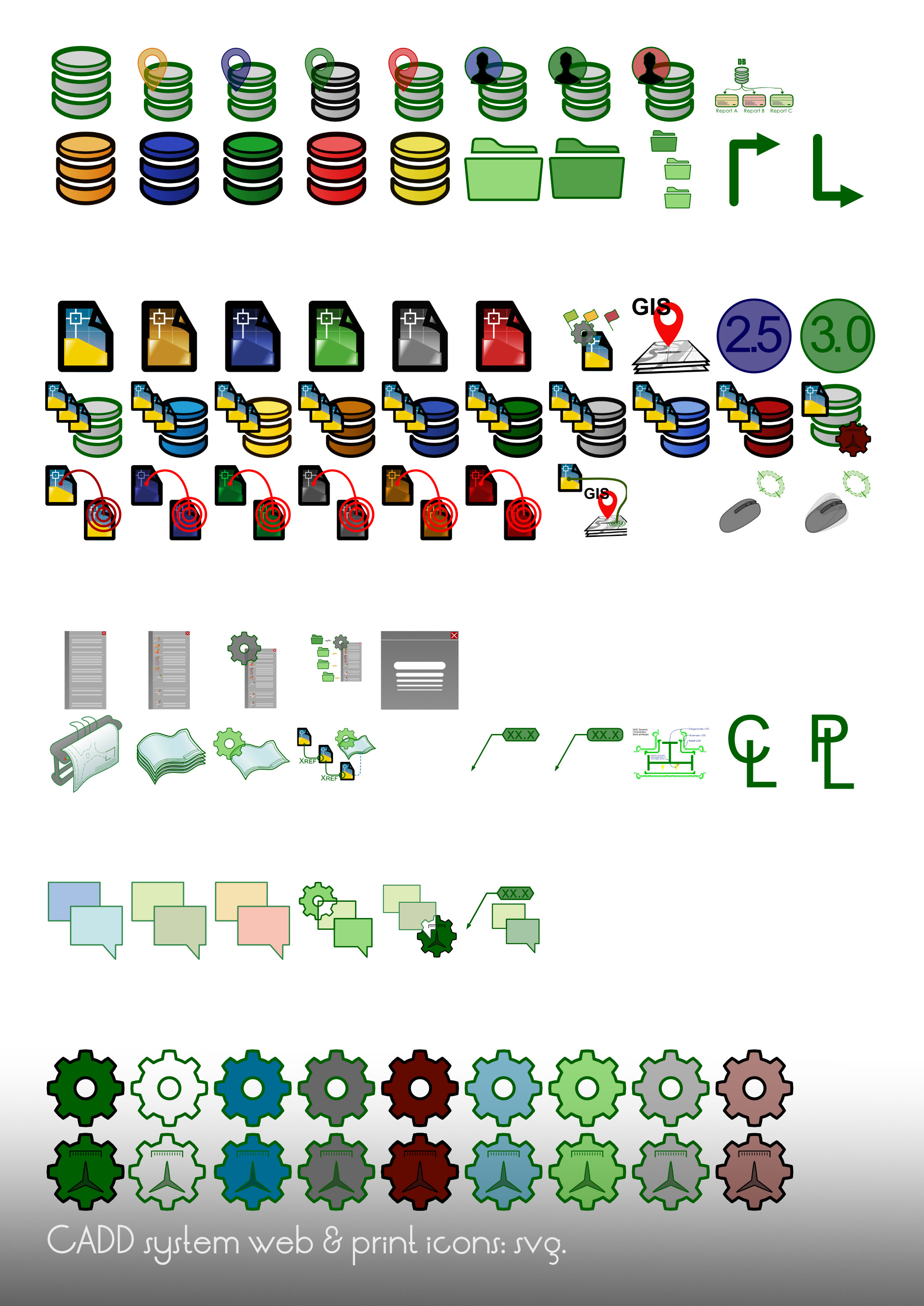 Specific CADD icons developed for a client's extensive help system. These are all new icons for in-house CADD systems documentation; due to the highly technical nature of the concepts, and high time-on-page, these icons have more detail than typical.