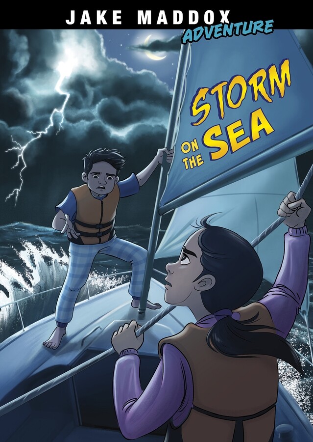 Jake Maddox Adventures – Storm on the Sea by ©Capstone
Author: Jake Maddox
Illustrator: Eva Morales
Publisher: ©Capstone (2021)
ISBN: 9781515883388  (paperback)