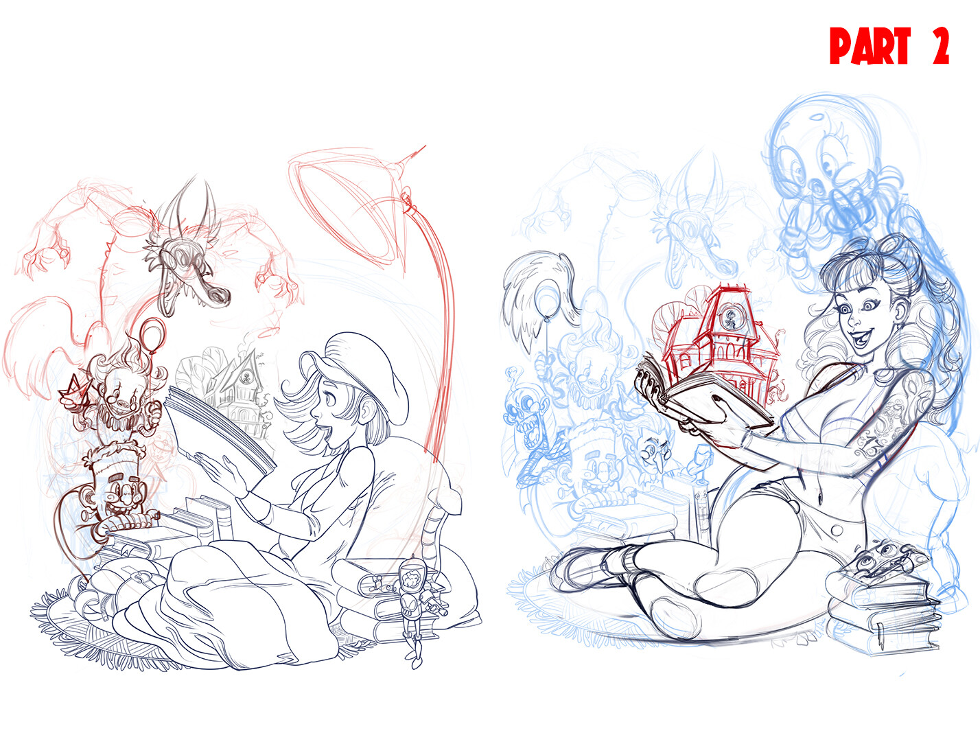 Changes to the initial remake with lowbrow characters and the final sketch.