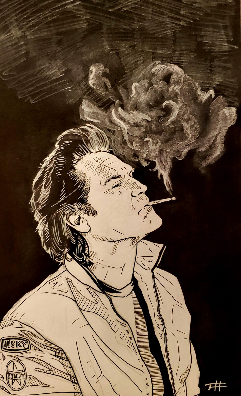 Stuntman Mike from 'Death Proof'. Graphite, gel pen, ink.