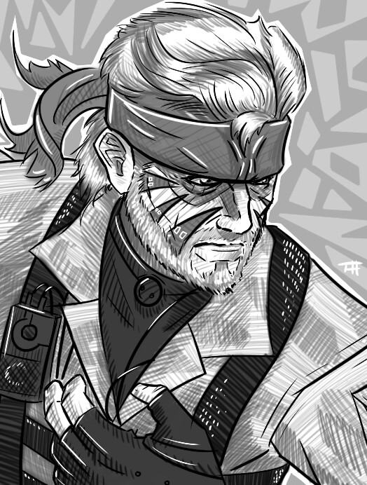 A quick stylized digital sketch of Snake, trying to capture that PS2 vibe, hence the square hands!