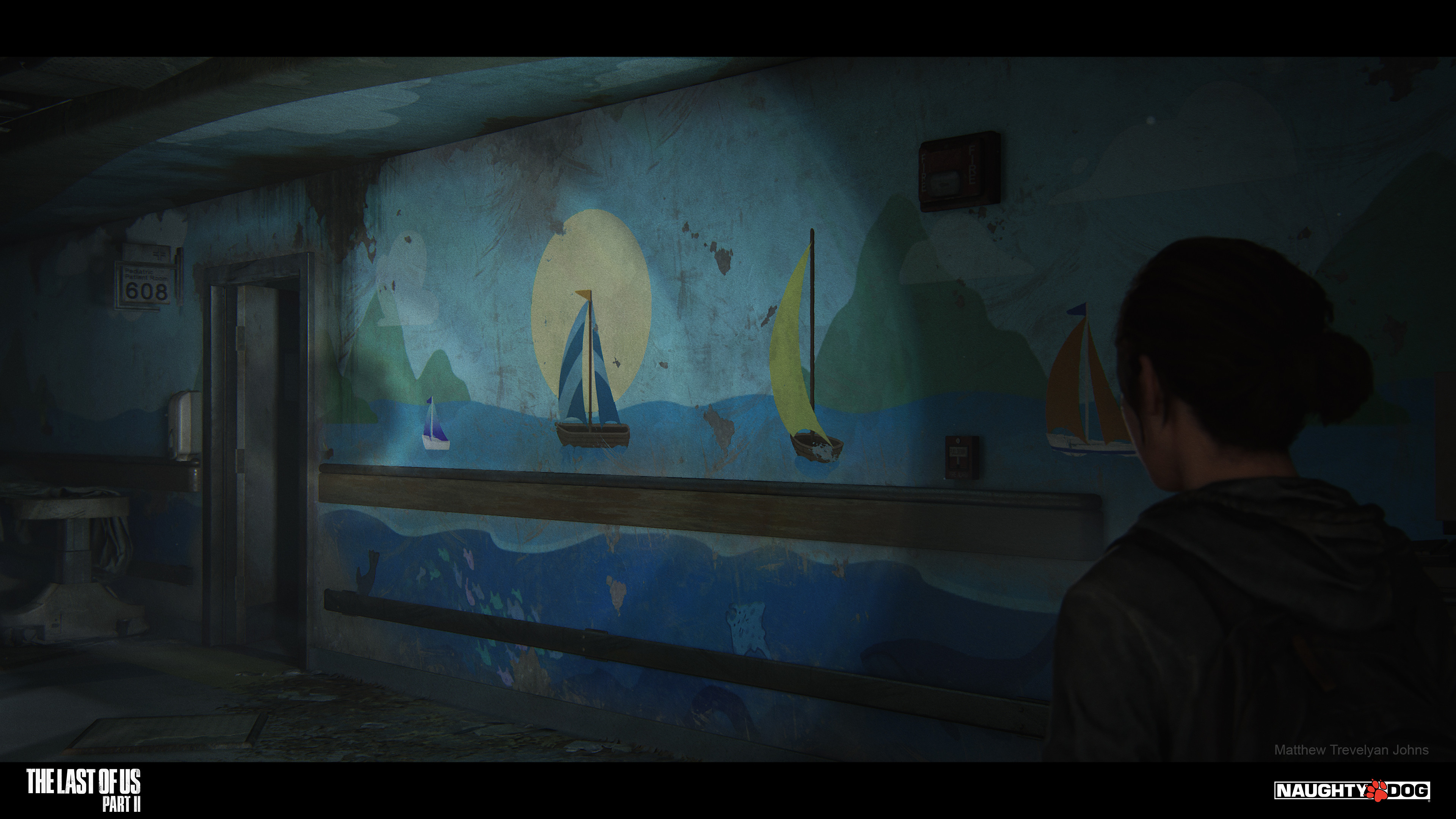 This mural spanned the entire length of the corridor and had completely unique placement of boats, sea life and clouds, the next image explains how this is achieved. Special thanks to McKenna Morison and Hailey Del Rio who provided the amazing 2D graphics
