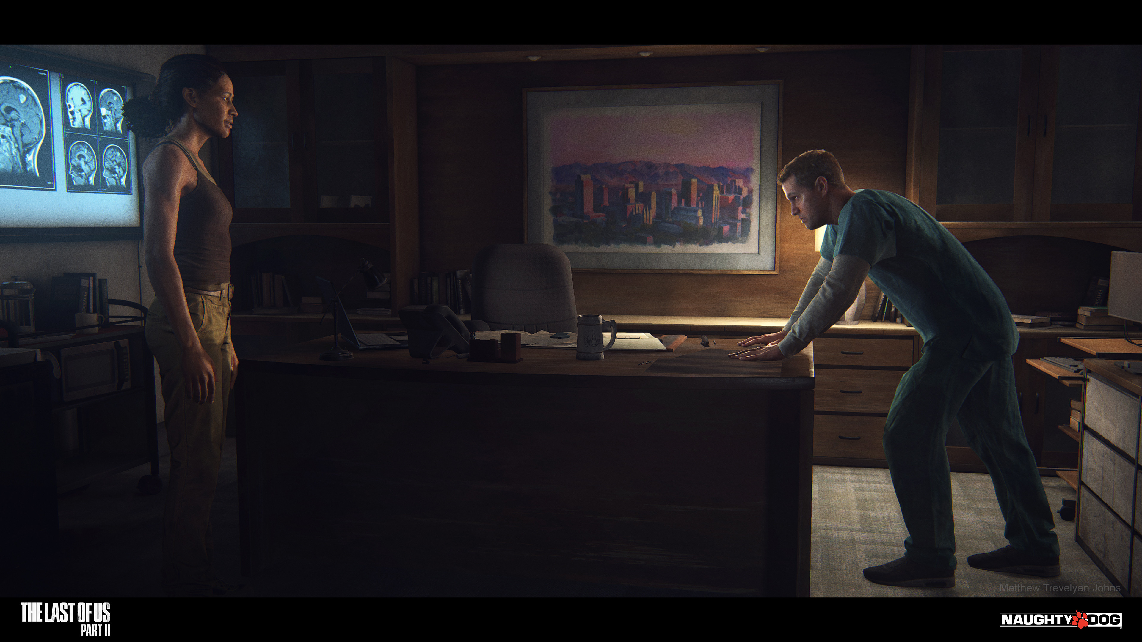 Jerry's office (seen here during the cutscene I worked on) had two states, here it takes place within the timeline of the first game, in its clean state...