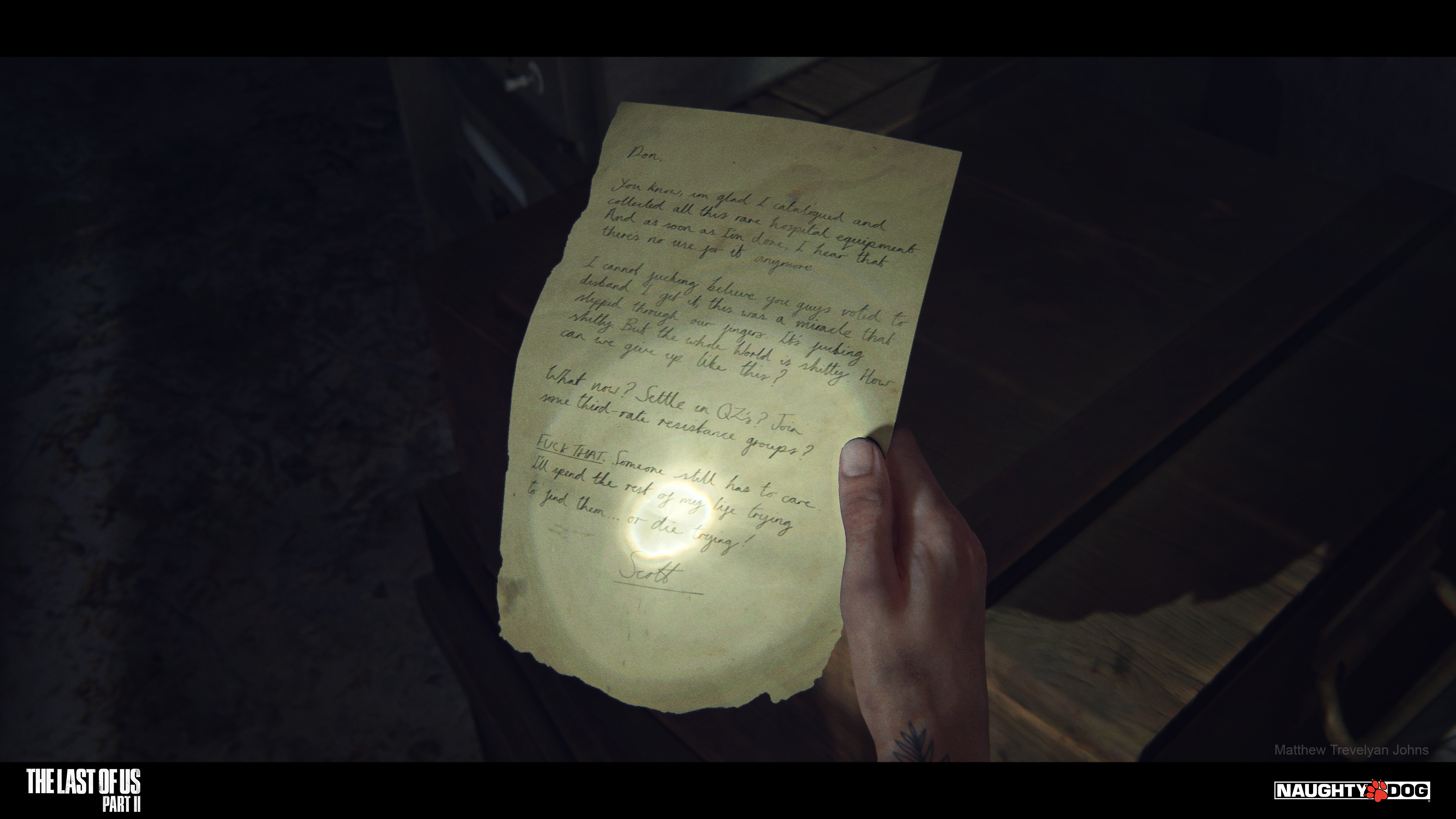 This one was also a personal goal of mine, I loved the notes that are often hidden throughout Naughty Dog games, the hand-writing here is my own! Being from the UK my handwriting is naturally squiggly and illegible 