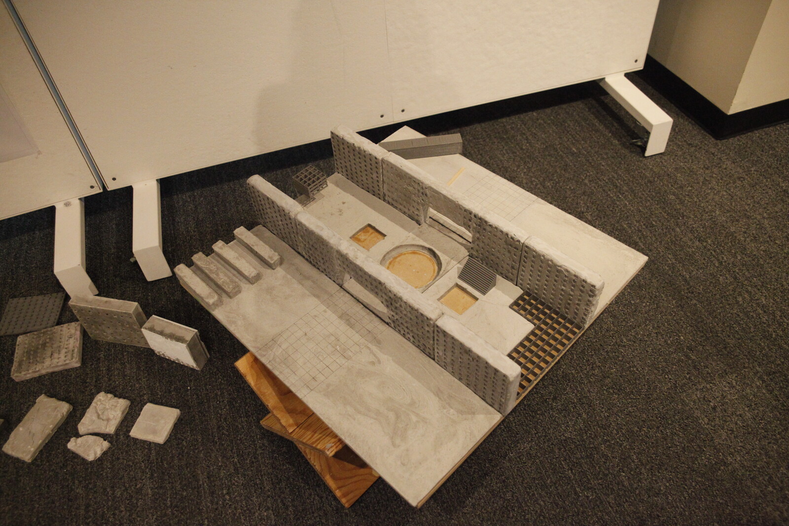 Midterm Critique Day - Various material explorations for model creation - 3d Printed molds, hand pours, foam carve + rockite coating, hand sculpted clay