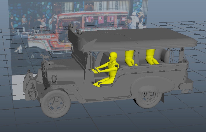 I begin by grabbing a free model of a Jeepney from the internet and scaling it to the proportions of our characters before I start making anything.  I then use this mesh as a ghosted reference to block out all the parts I need.