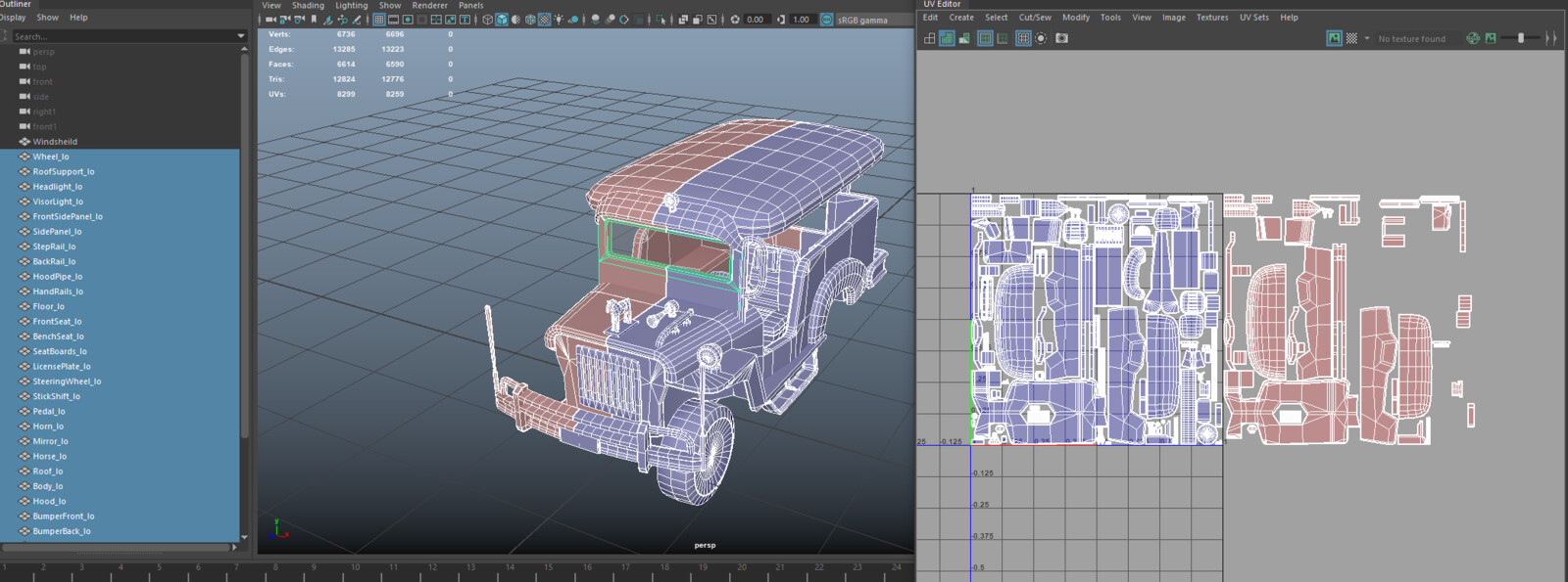 UV layout. I save space by mirroring everything and duplicating detail parts like tires, lights, etc.