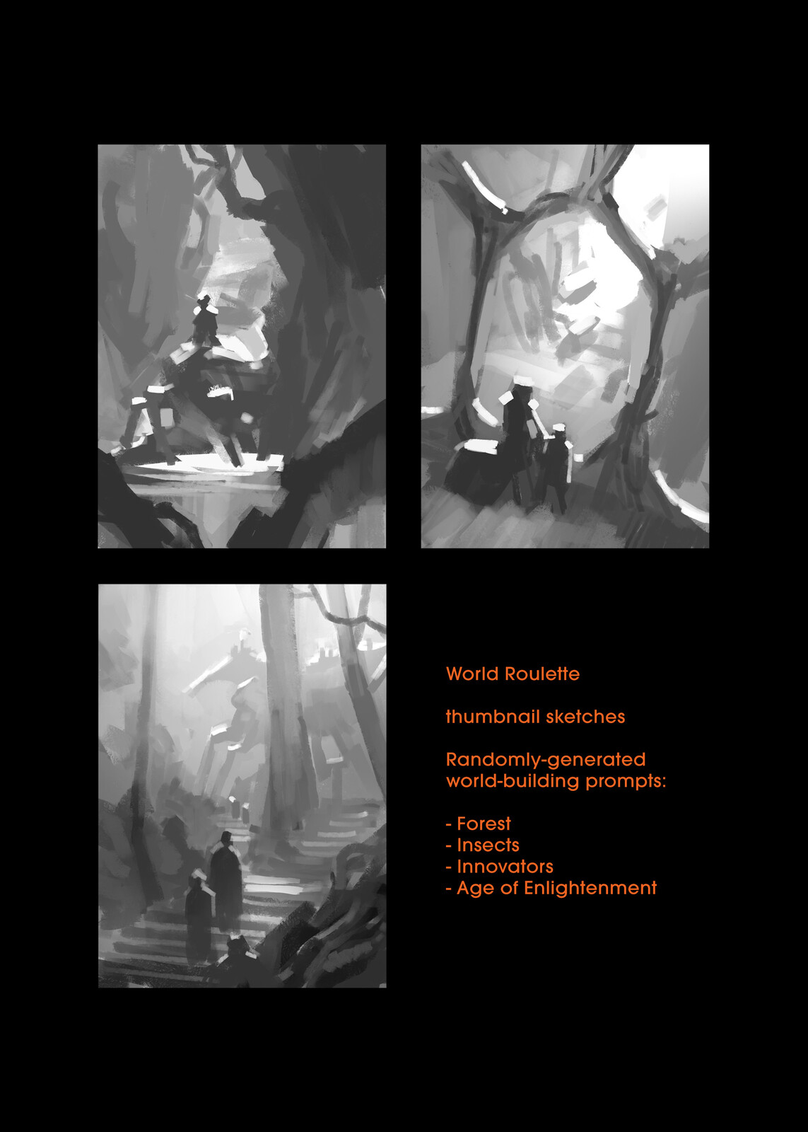 Thumbnail sketches based on prompts randomly generated for us by the Light Grey Art Lab.