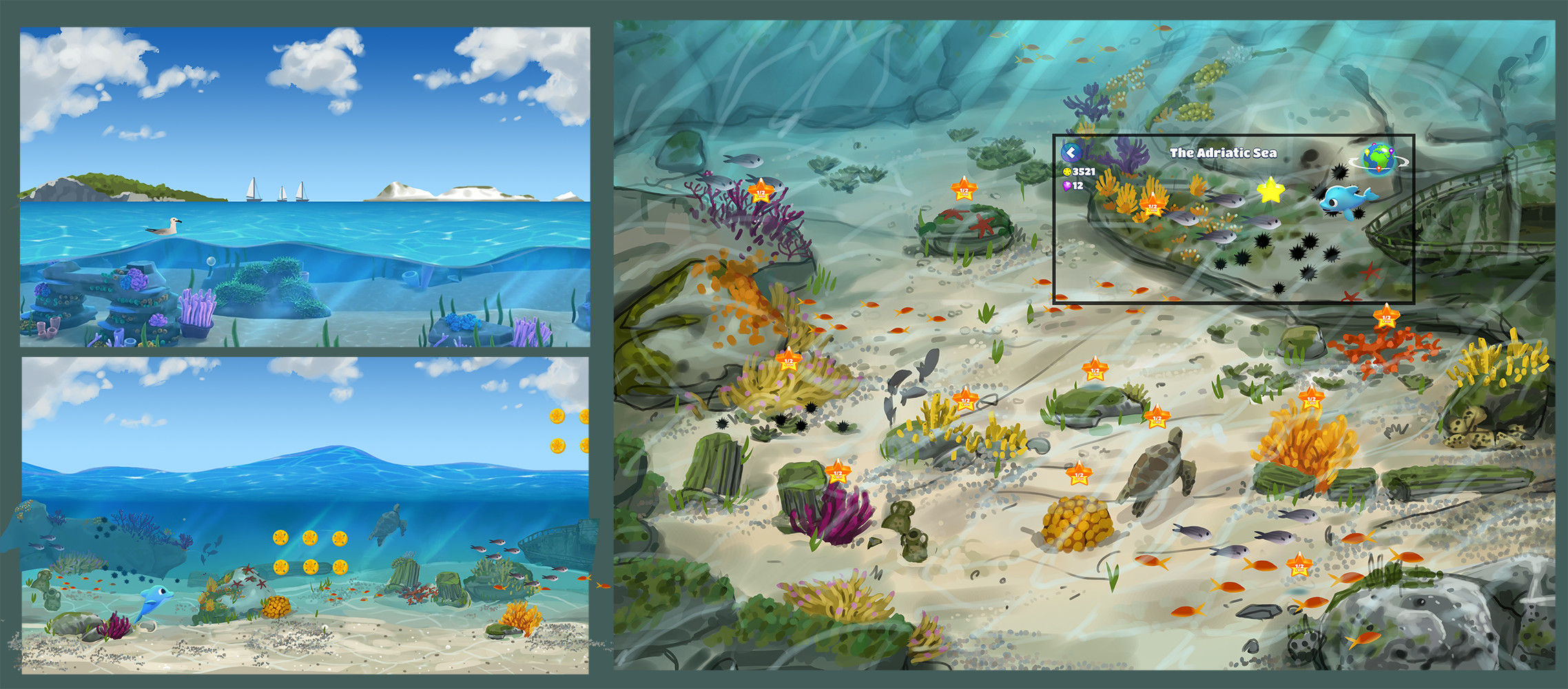 Concepts for gameplay and meta-game environments for the Adriatic biome

Each world of the game is set in a different part of the world affected by pollution that the player must fight off to bring diversity back to the environment.