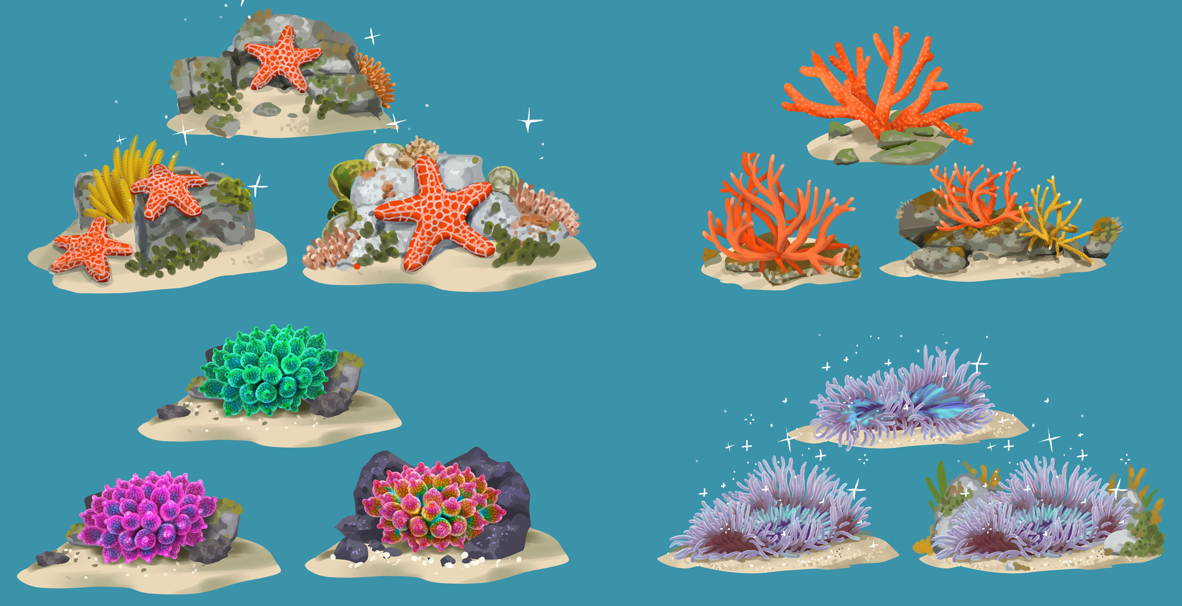 Concepts for plant and animal biome decorations.
Sea Stars has a meta-game of bringing life back to different biomes around the world through a decoration mechanic. However instead of using furniture items the player decorates using plant and animal life.
