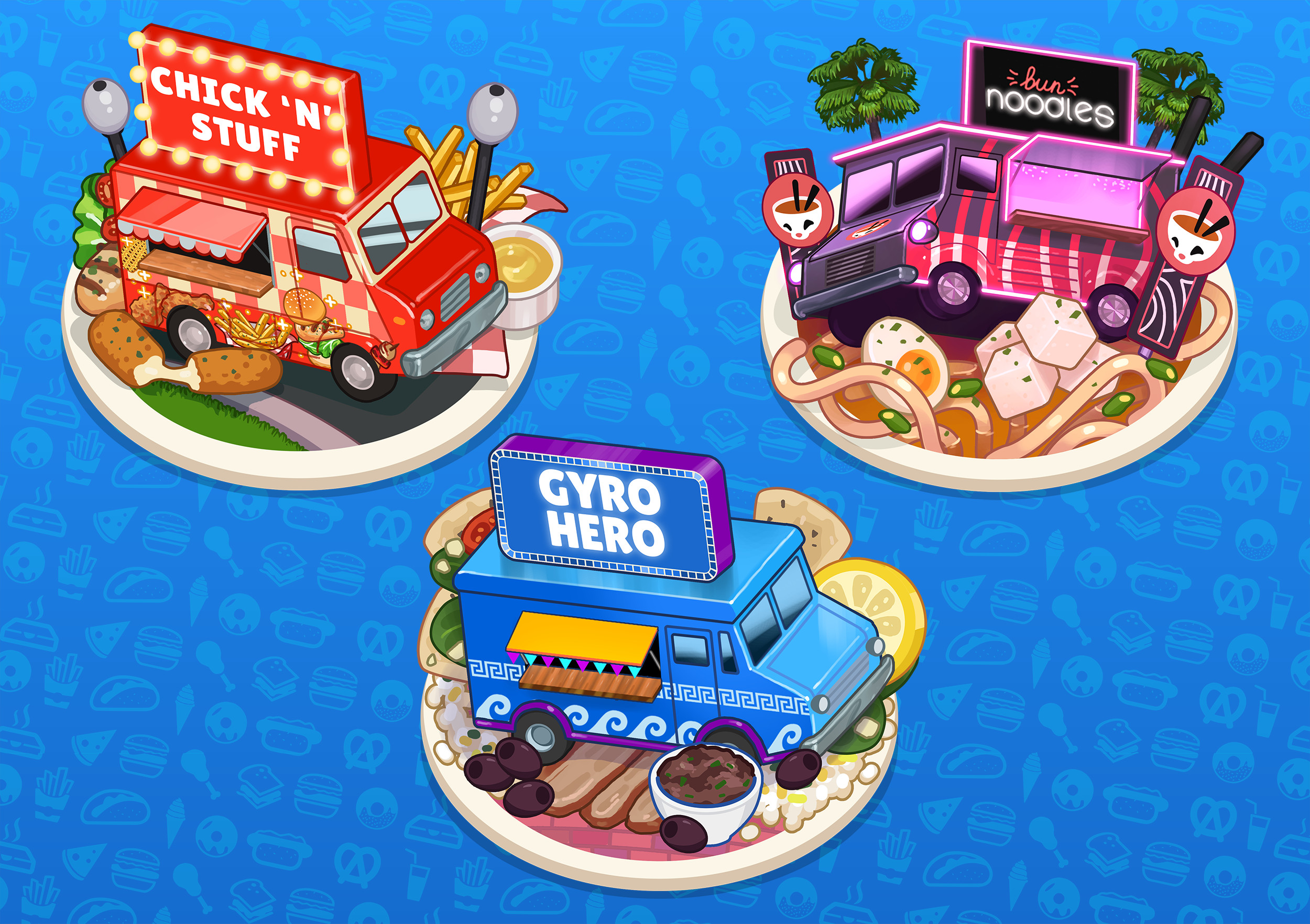 World Select Logos

Each world was themed after a different cuisine and had a corresponding food truck associated with it. The world select trucks were standalone illustrations showing off the trucks and food of that specific world.

Truck art by me.