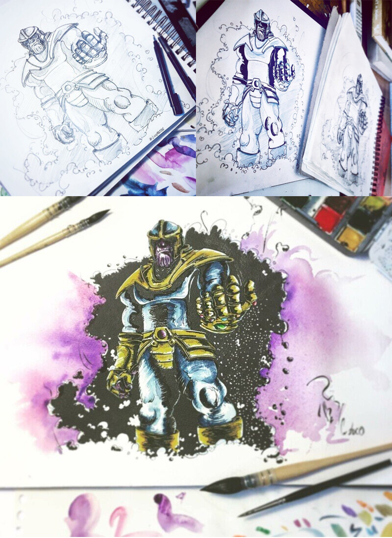 Thanos MCU, 
Ink and watercolor