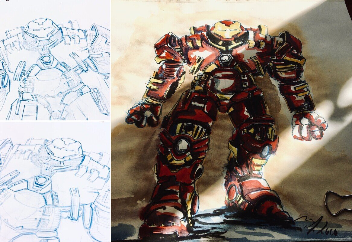 Hulkbuster MCU, 
Ink and watercolor