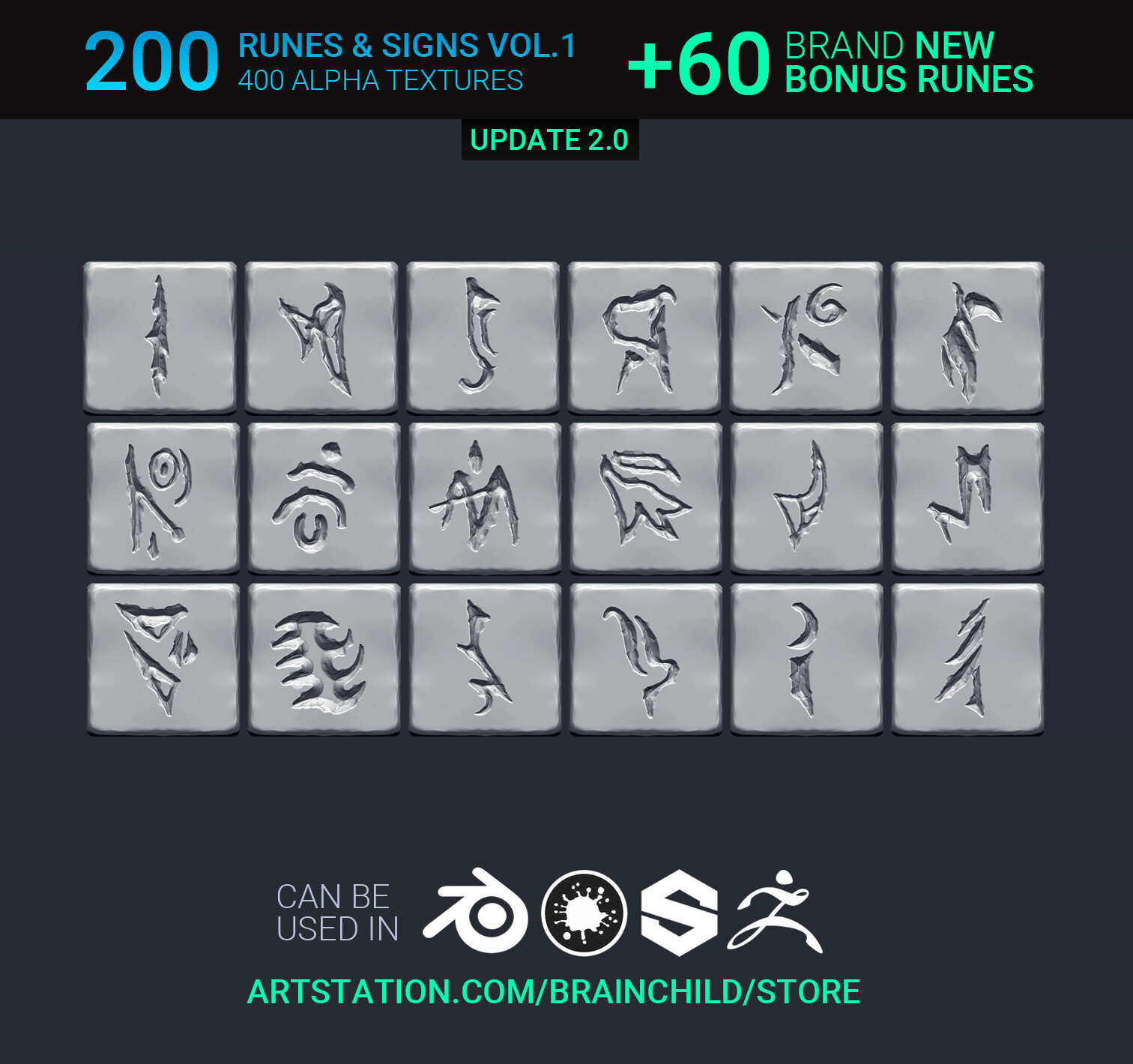 Buy it here  https://artstn.co/m/92kL | VOL.1 – 260 Runes/Symbols/Signs/Shapes (520 Alpha Textures)