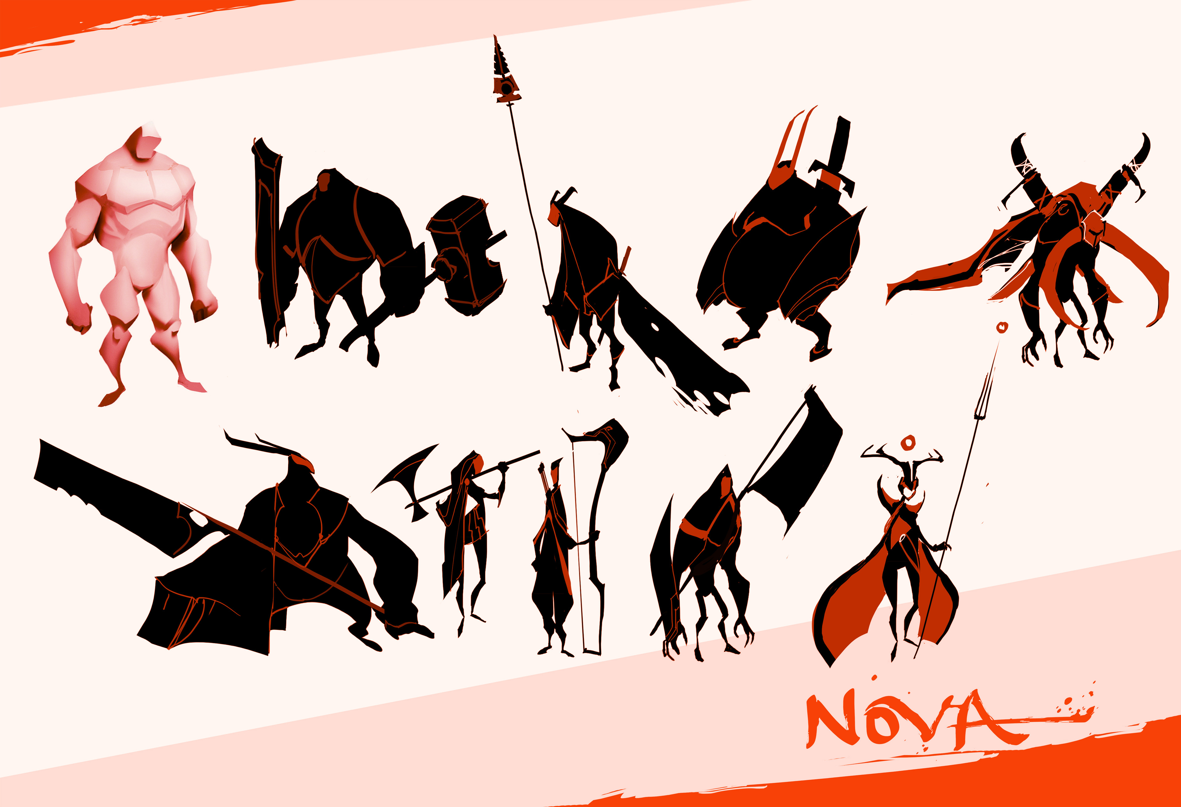 Initial exploration of heroes. I like starting with strong silhouettes, especially with the need for instant recognition by players swarmed by hundreds of characters.
