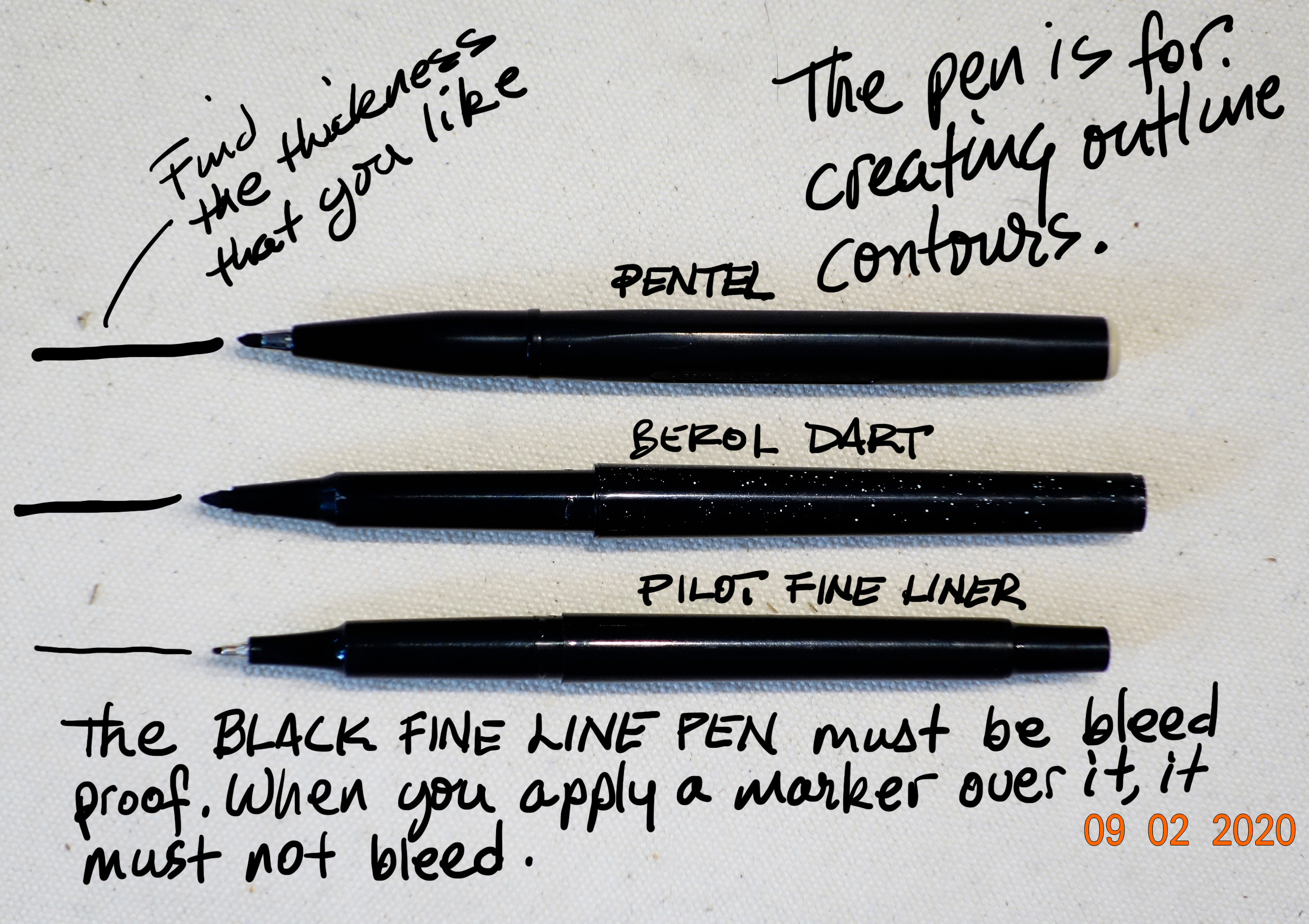 Fine liners must be bleed proof. They come in many forms and brands. You must choose one that you love to work with. It is your detailer and your contour line.