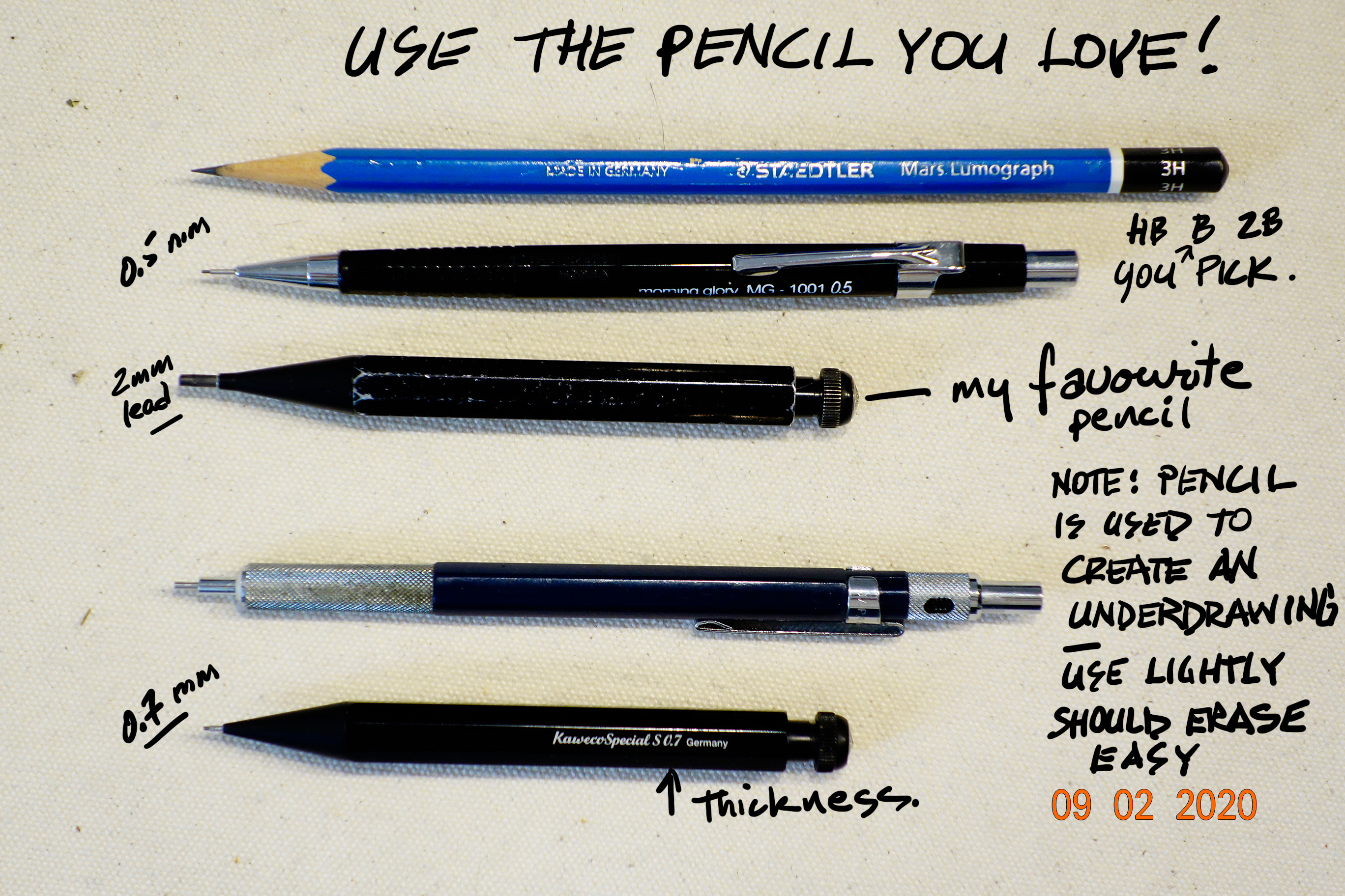 I love to use 2mm mechanical pencils. Other artist prefer to use .05 mm leads because it give you a finer line. regardless you do need a pencil of your choice to do some under drawing that after the drawing is inked you can easily erase.