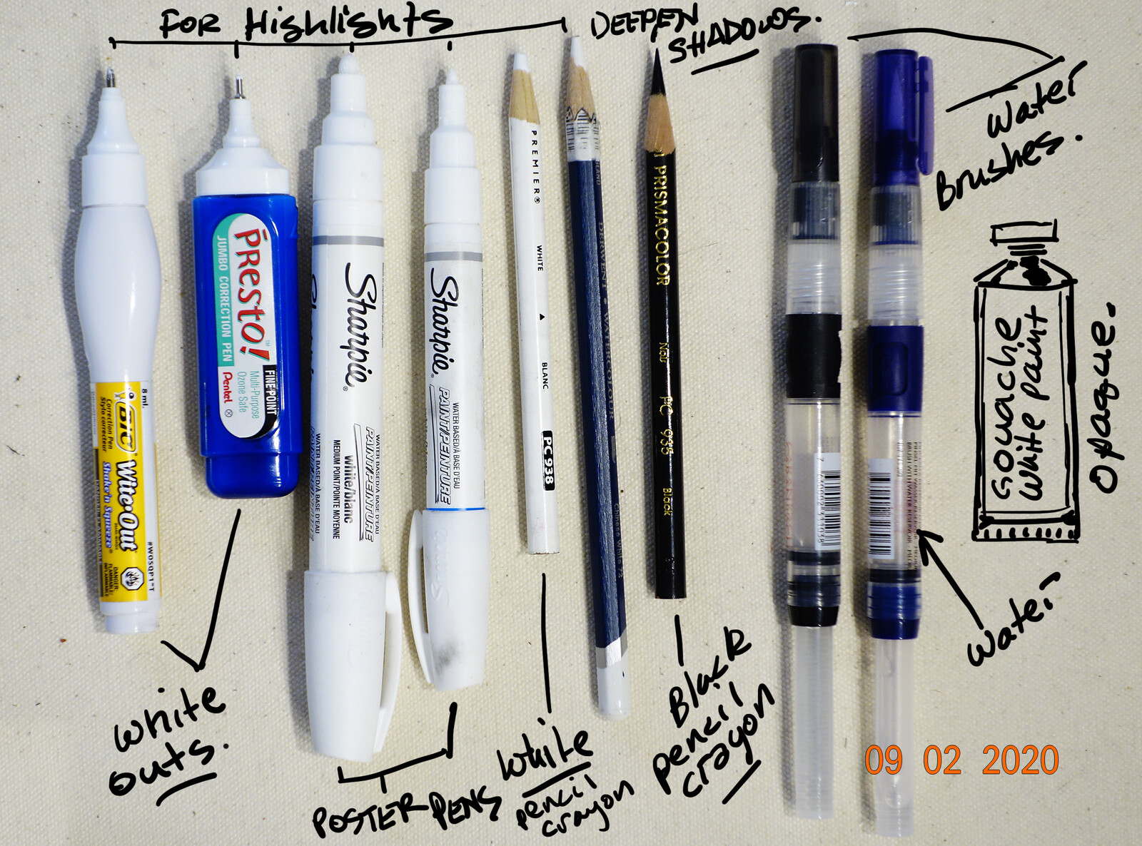  In addition to your white and black pencil crayon, if your budget permits, white out pens and poster paint makers are ideal for brighter highlights, because they are opaque. 