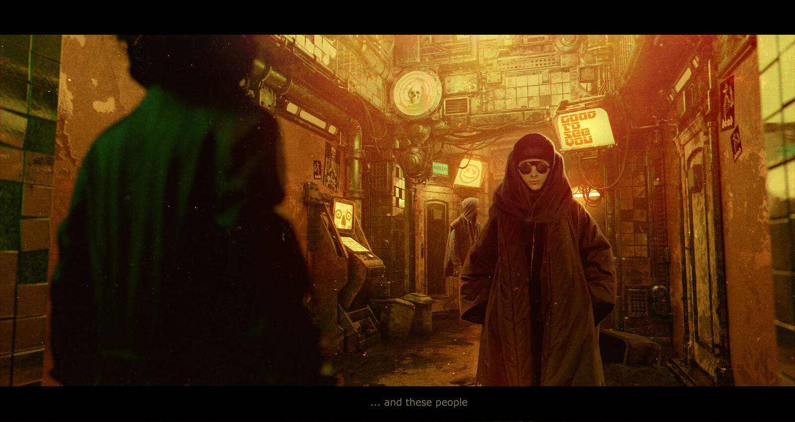 a cyberpunk allyway, with posters and neon screens of skulls &amp; skeletons