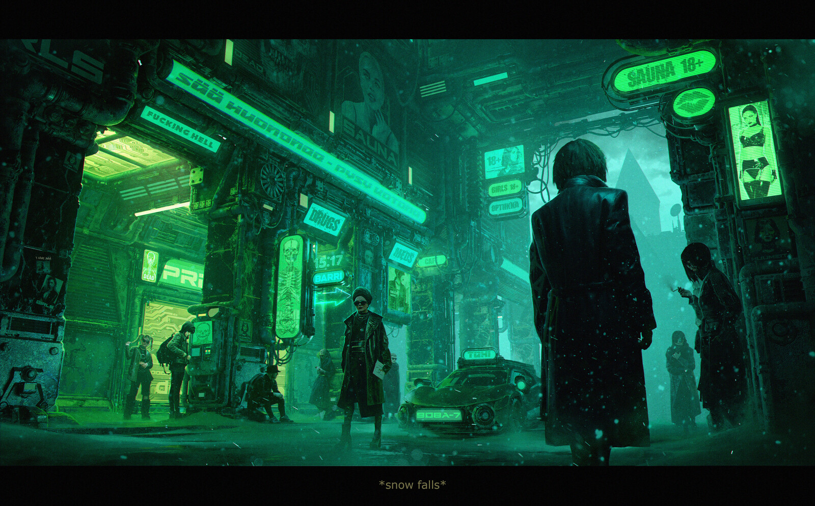 a cyberpunk street, snow falling