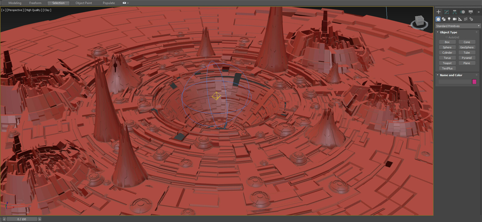 The 3dsMax viewport with a bit of modeling and positioning my futuristic objects.