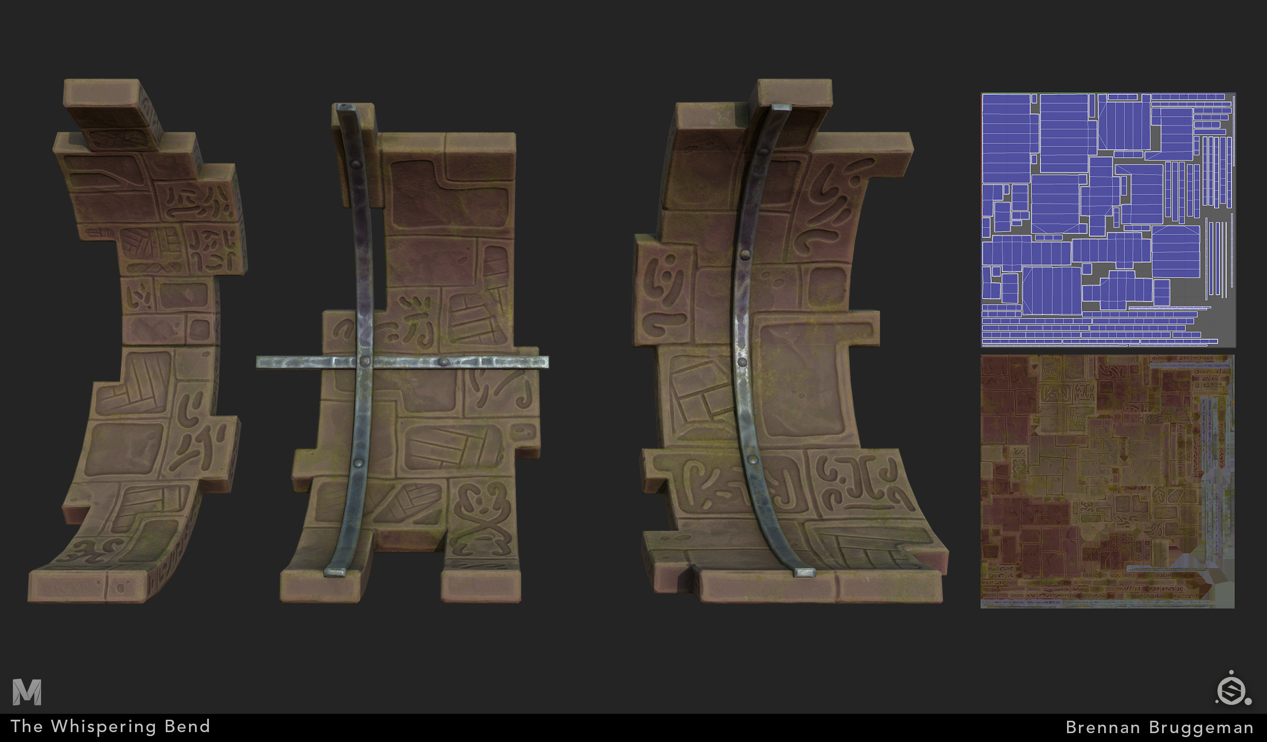 UVs for all assets were done in Maya. For the ruins specifically, the textures are handpainted in Substance Painter.