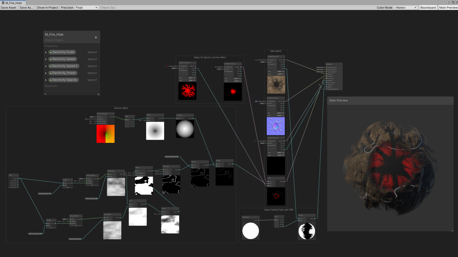 Shader Graph - Electric Animation with Fire Emission and PBR texture. Added option for fade out with particle system.
