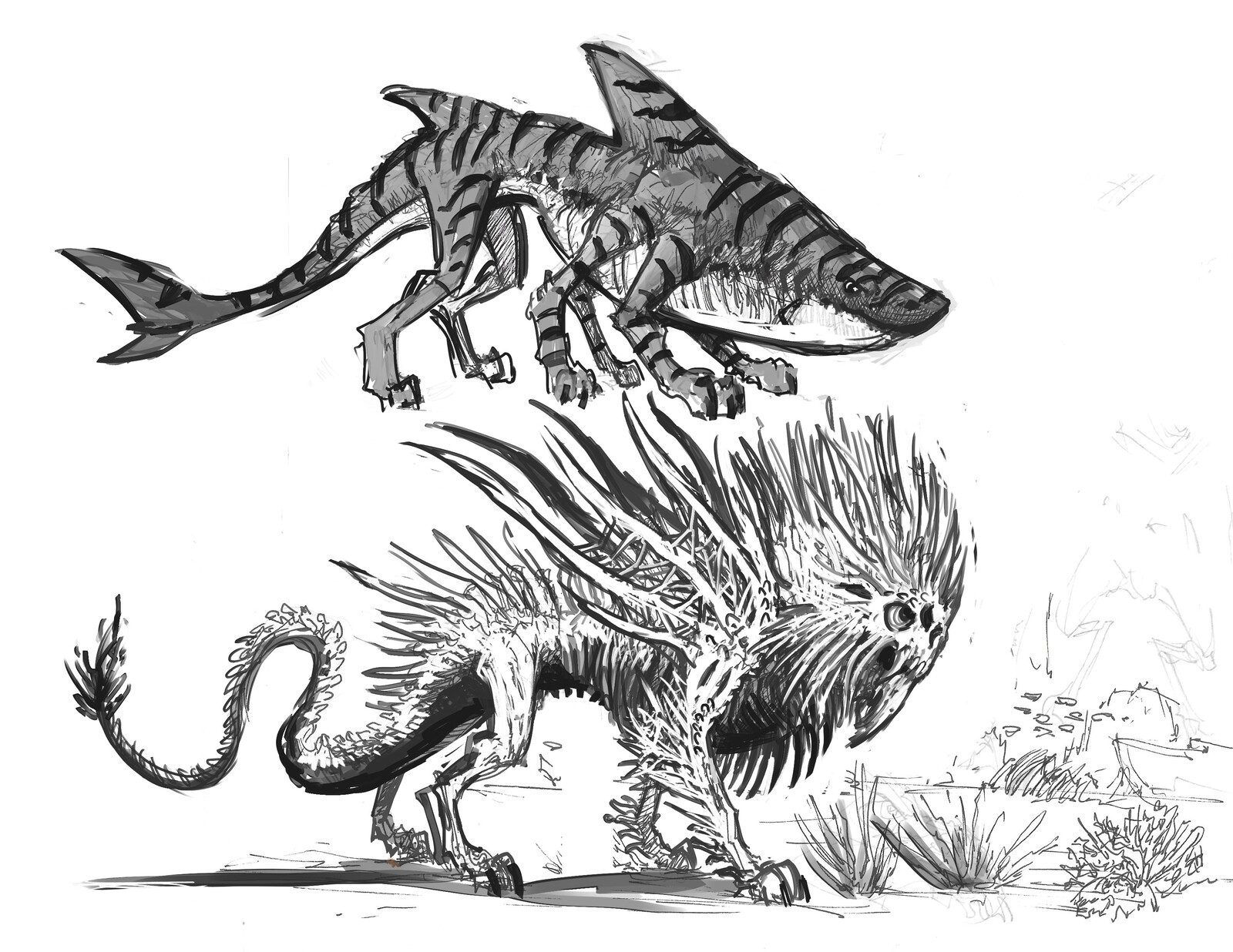 Original inspiration sketch, Lionfish and tigershark