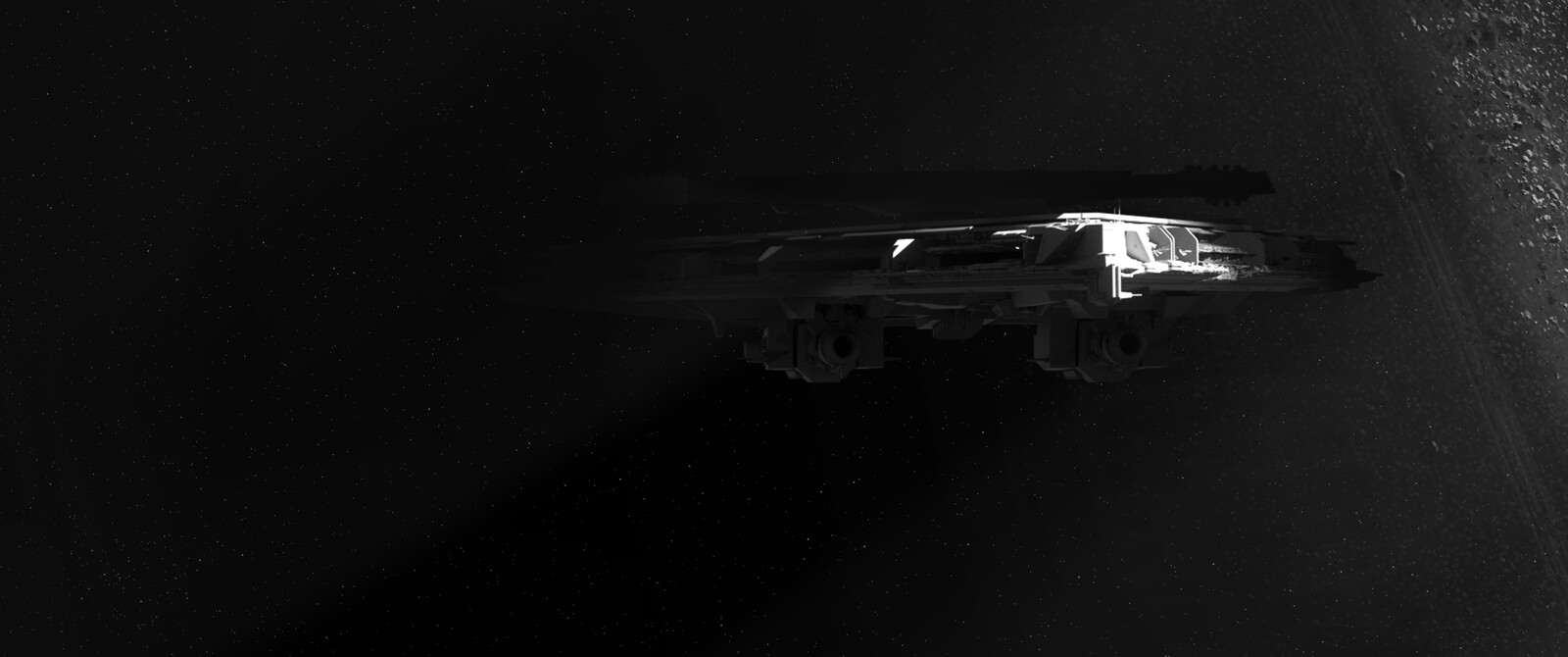 Proposition of shot to reveal the new first order destroyer. Coming out of the shadow of an asteroid belt.