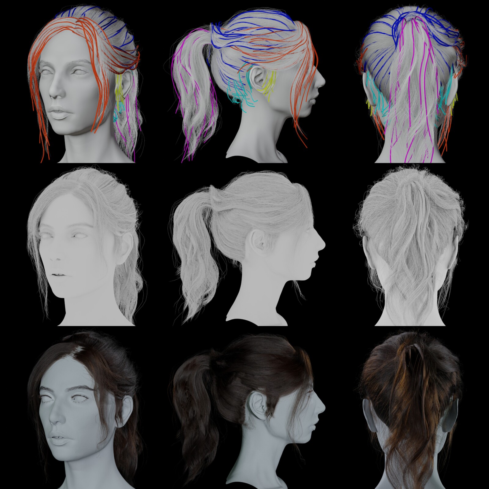 Hair Breakdown - for the hair I divided hair into 5 sections , ponytail - bangs - bun - side - back flyaways.