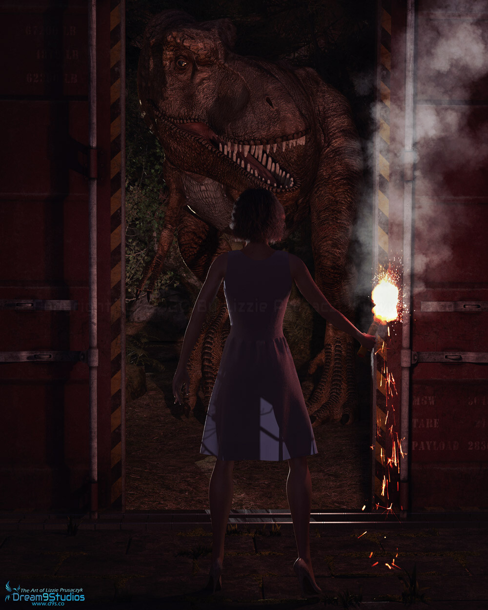 As she bravely stands at the gates of the paddock with flare in hand to grab the attention of the giant T-Rex, Claire gets ready to run and lead the beast into battle.