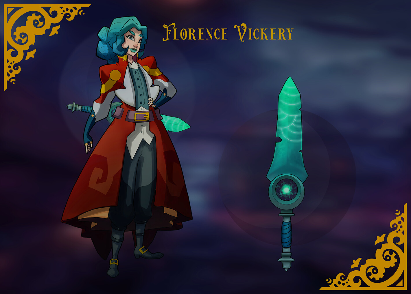 Main protagonist, Florence Vickery, and her magical sword.