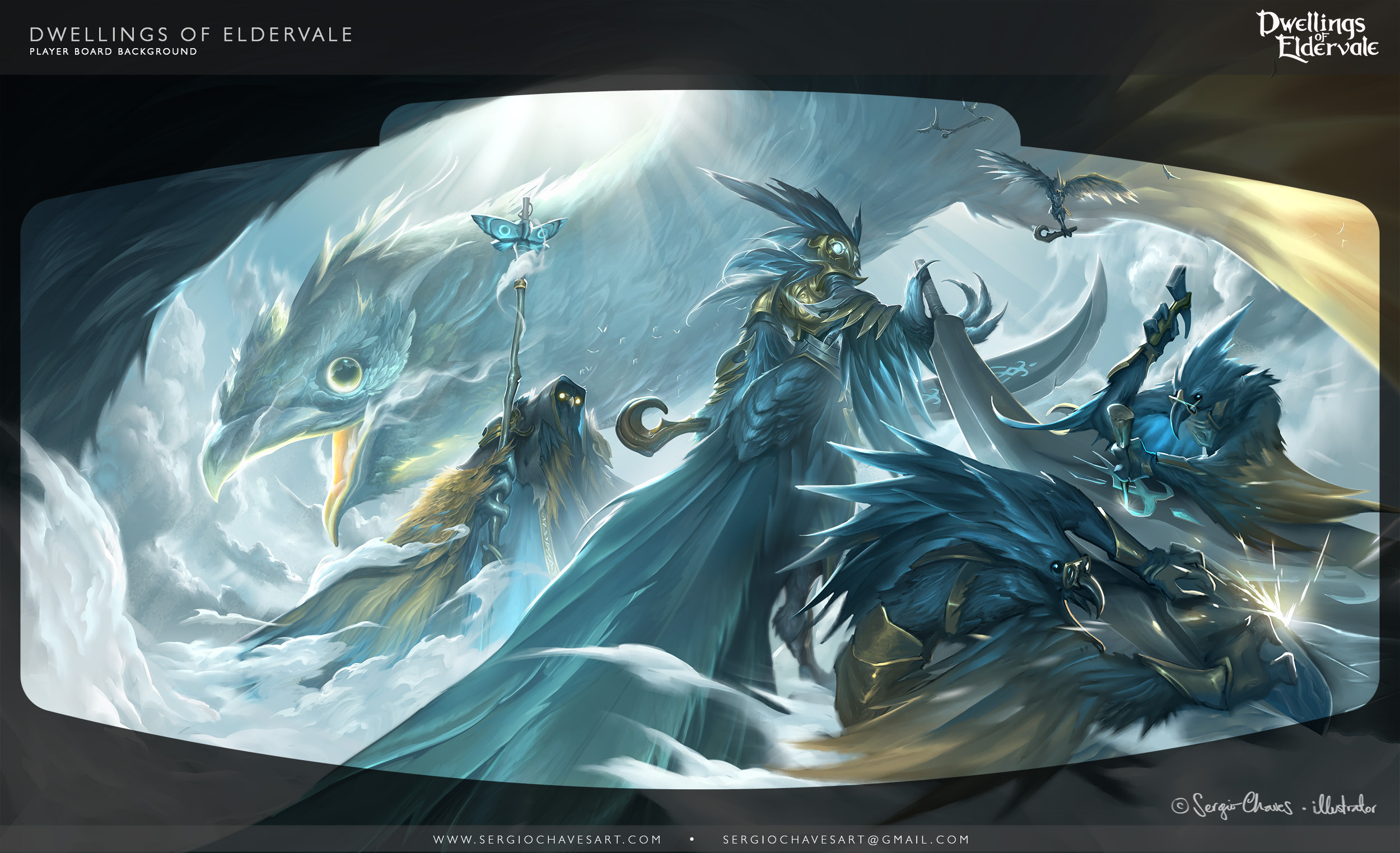 Skyborn avians, an air element faction. 

The characters are organized in four vertical areas to establish the hierarchy of the game's units.
From left to right: Dragon, Wizard, Warrior, Worker.