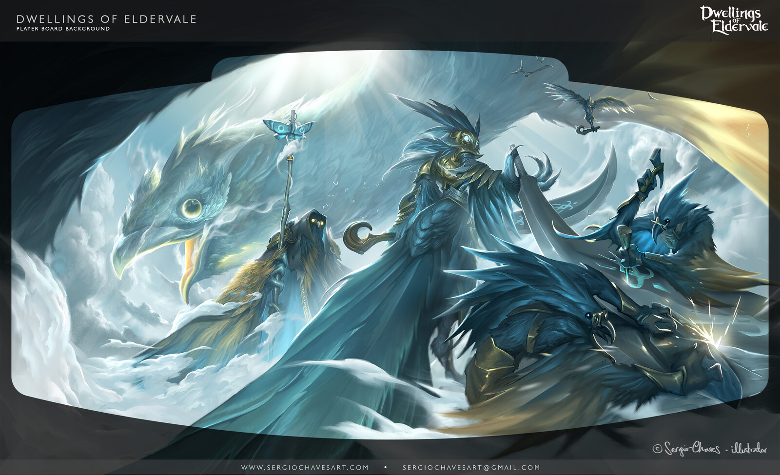 Skyborn avians, an air element faction. 

The characters are organized in four vertical areas to establish the hierarchy of the game's units.
From left to right: Dragon, Wizard, Warrior, Worker.